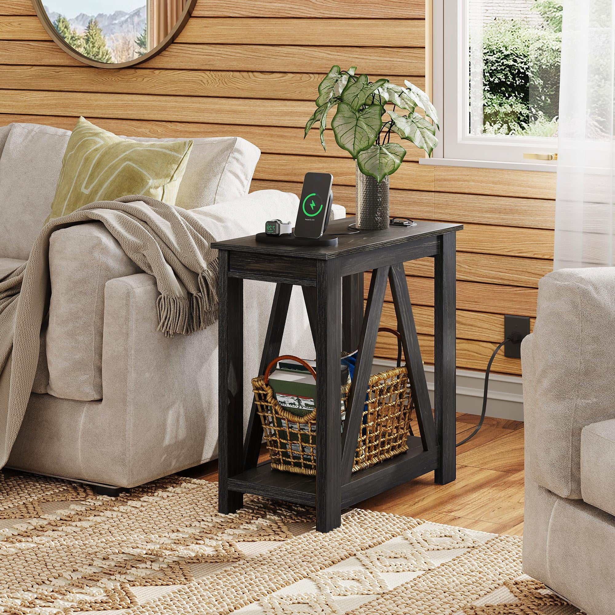 GALAXHERO Narrow End Table with Charging Station of Open Storage Shelf, Sofa Side Table with 2 USB Ports and 2 Power Outlets, Slim Farmhouse End Table for Small Spaces, Bedroom, Living Room