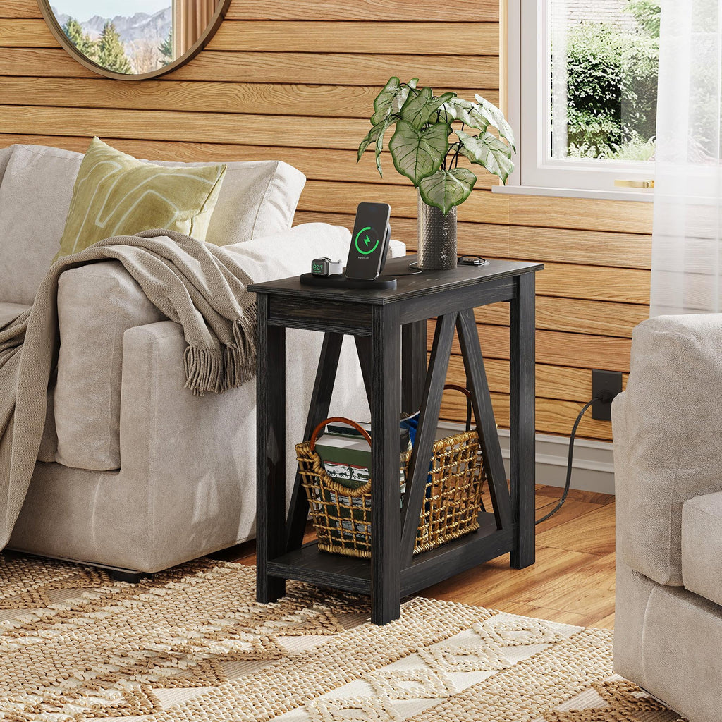 GALAXHERO Narrow End Table with Charging Station and Open Storage Shelf, Sofa Side Table with 2 USB Ports and 2 Power Outlets, Slim Farmhouse End Table for Small Spaces, Bedroom, Living Room