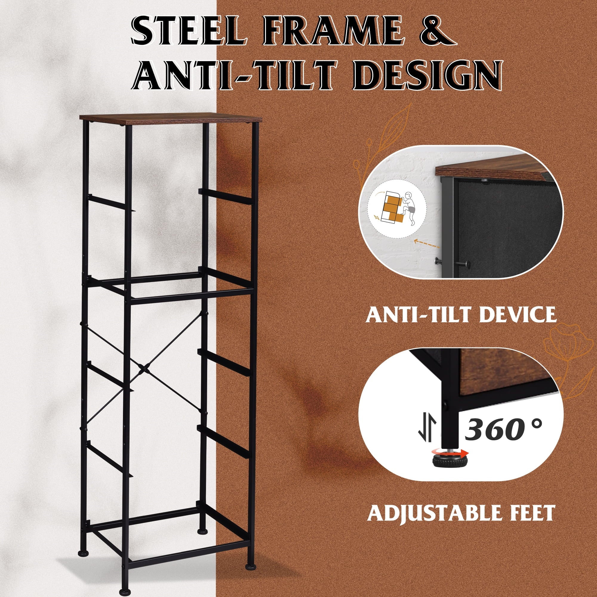 GALAXHERO 5-Drawer Tall Fabric Dresser with Wood Top, Storage Organizer Chest for Bedroom, Closet, Hallway, Sturdy Steel Frame, Rustic Brown Wood Grain Print