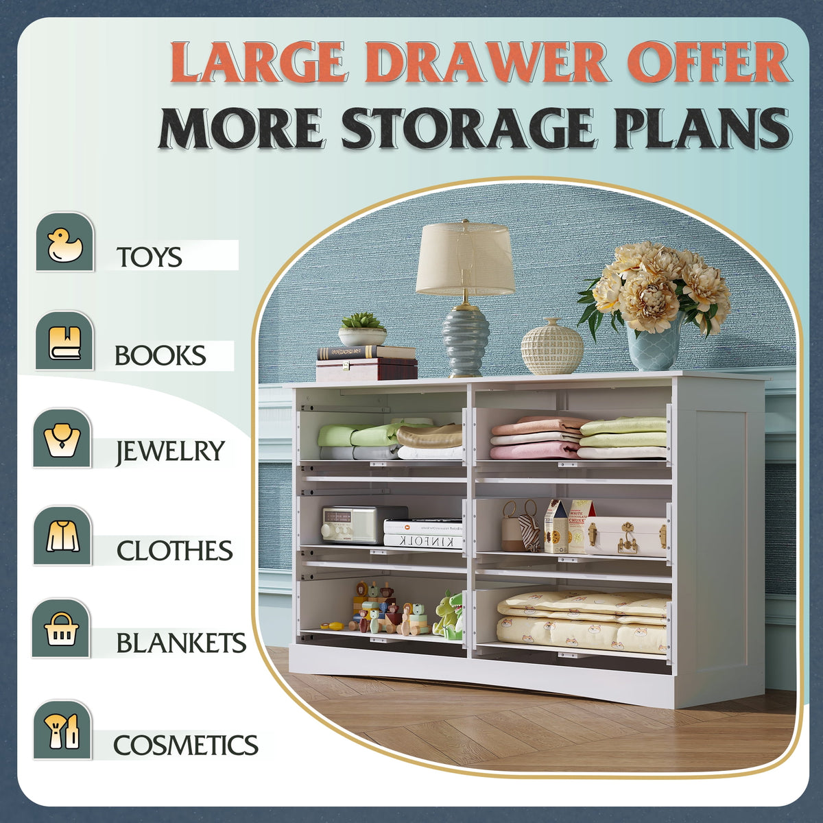 GALAXHERO Dresser with 6 Drawers, Wide Wooden Chest of Drawers for Bedroom, Large Storage Tower Unit, Modern Minimalist Closet Store Organizer for Living Room, Hallway