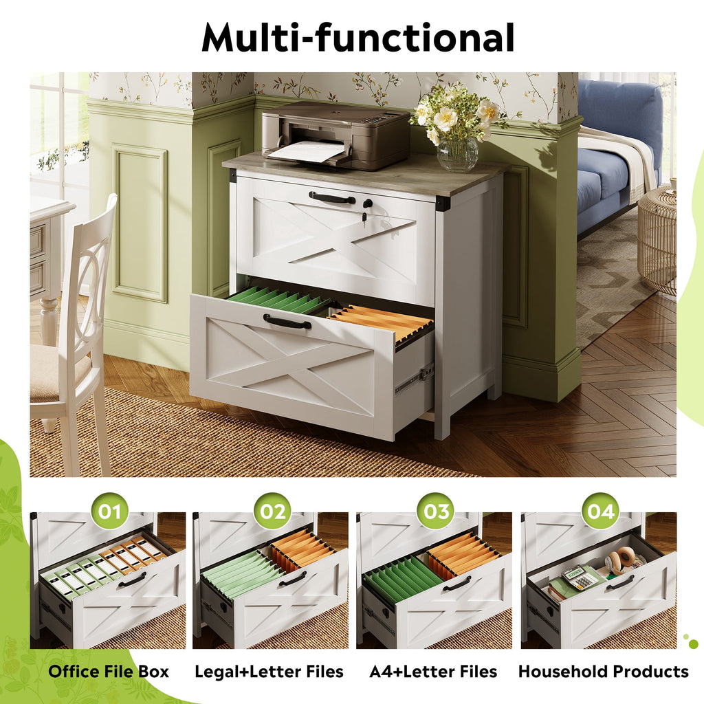 GALAXHERO 2 Drawer Lateral File Cabinet with Lock, Farmhouse Wood Filing Cabinet for Home Office, Fits Letter/Legal/A4, Printer Stand