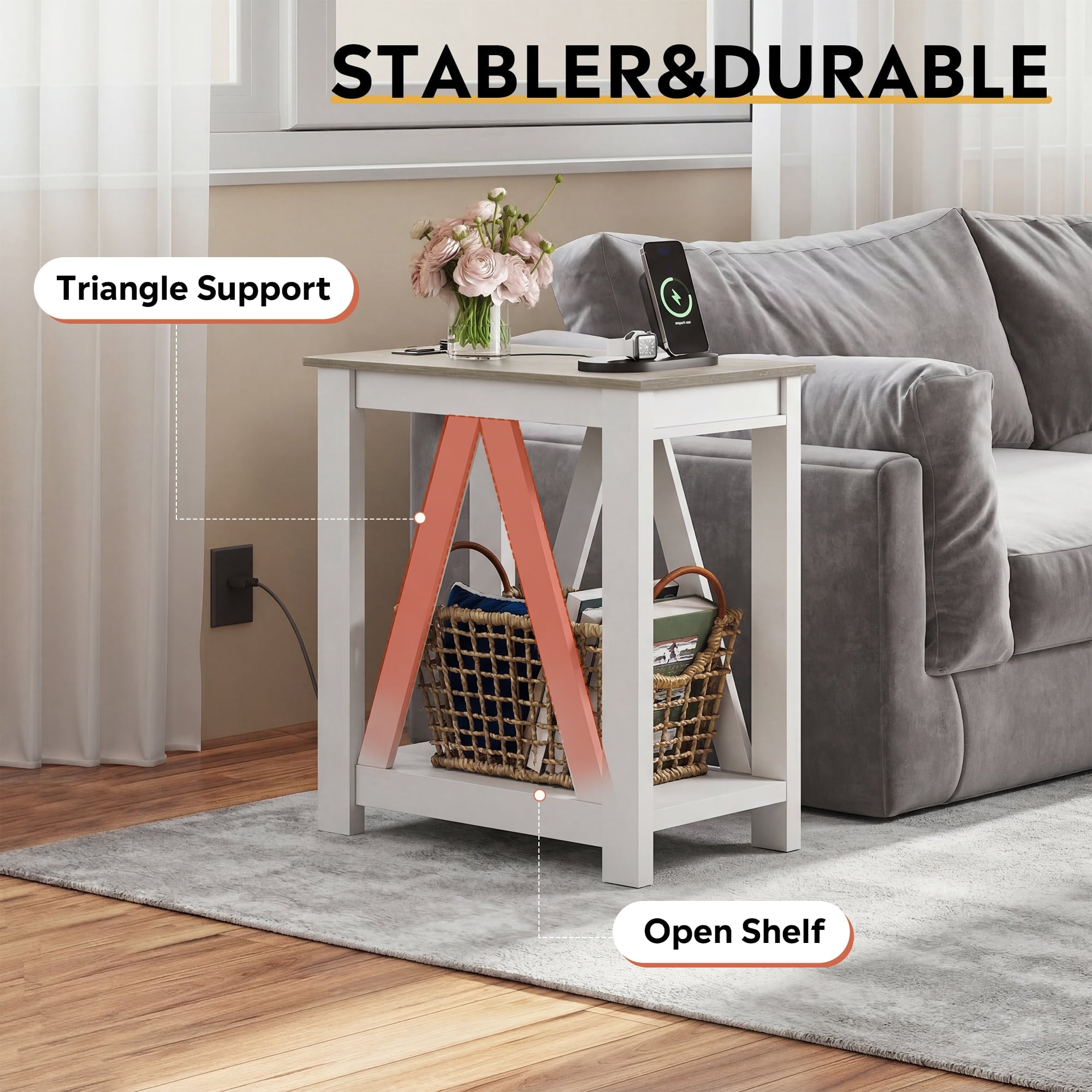 GALAXHERO Narrow End Table with Charging Station and Open Storage Shelf, Sofa Side Table with 2 USB Ports and 2 Power Outlets, Slim Farmhouse End Table for Small Spaces, Bedroom, Living Room