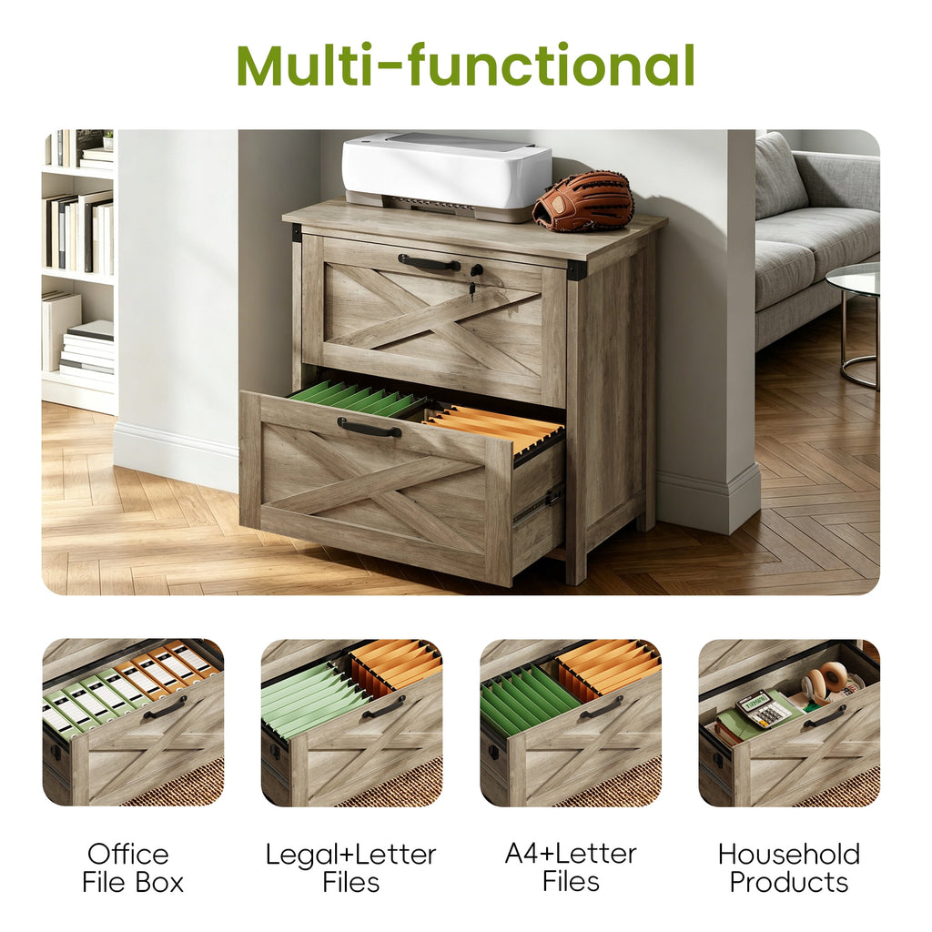 GALAXHERO 2 Drawer Lateral File Cabinet with Lock, Farmhouse Wood Filing Cabinet for Home Office, Fits Letter/Legal/A4, Printer Stand