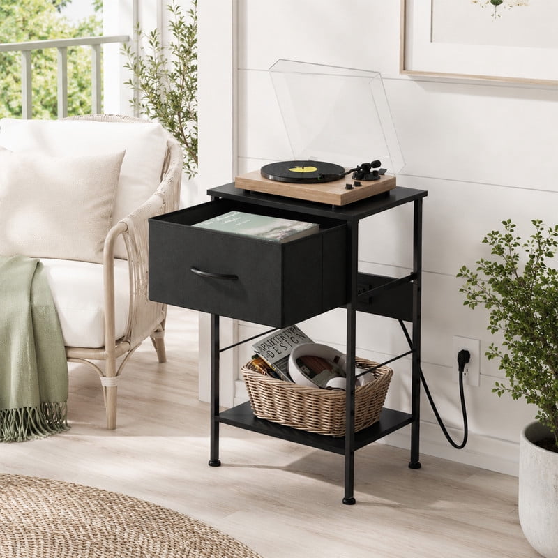 GALAXHERO Nightstand with Charging Station, Small Dresser with Drawer and Storage Shelfs for Bedroom