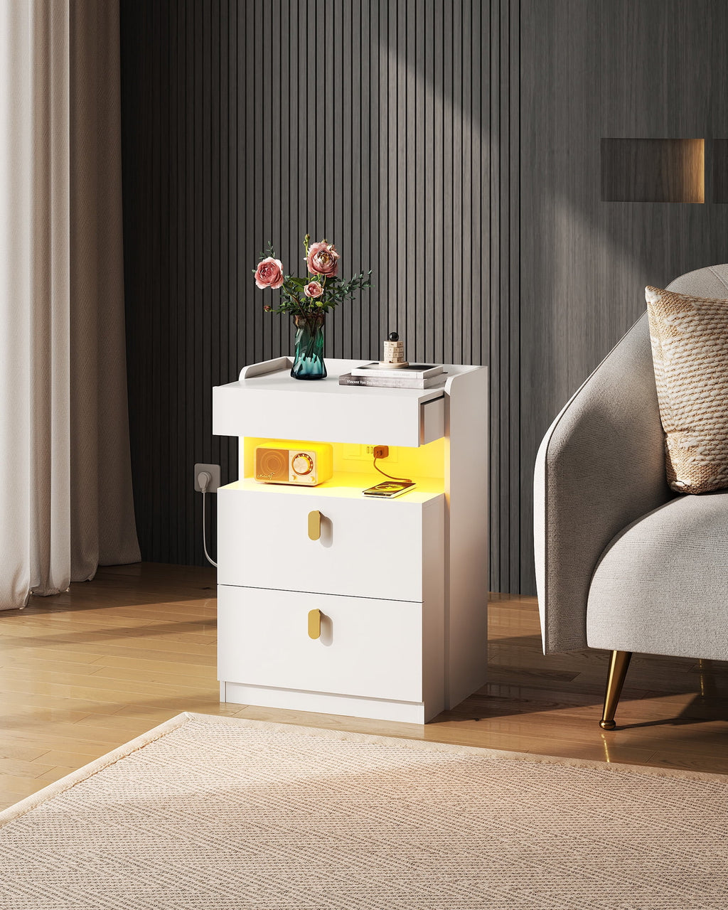 GALAXHERO Nightstand Set of 2 with Charging Station and LED Lights, 2 Drawer Bedside Tables with Sliding Top for Bedroom, Modern End Table for Living Room, White