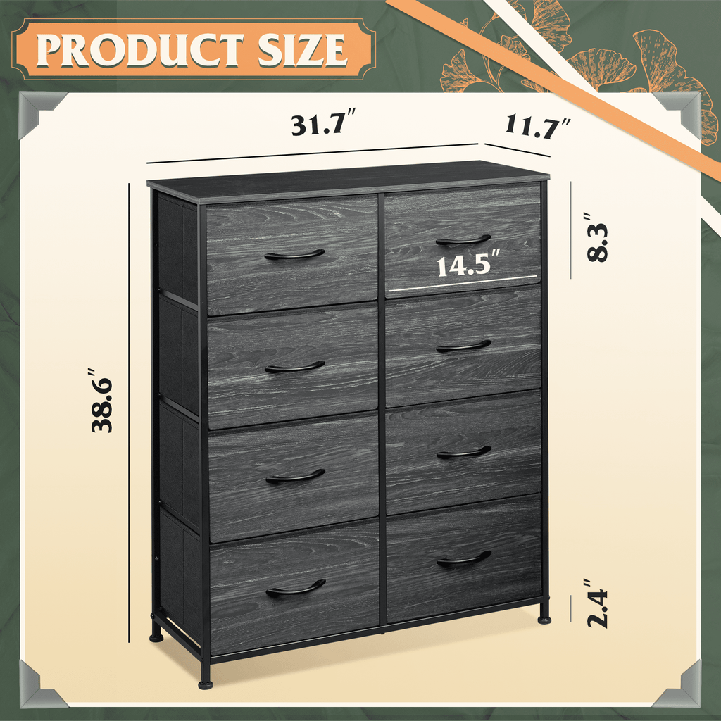 GALAXHERO Tall 8-Drawer Fabric Dresser, Double Storage Tower with Bins, Chest of Drawers for Bedroom, Closet, Living Room, Hallway, Charcoal Black Wood Grain Print
