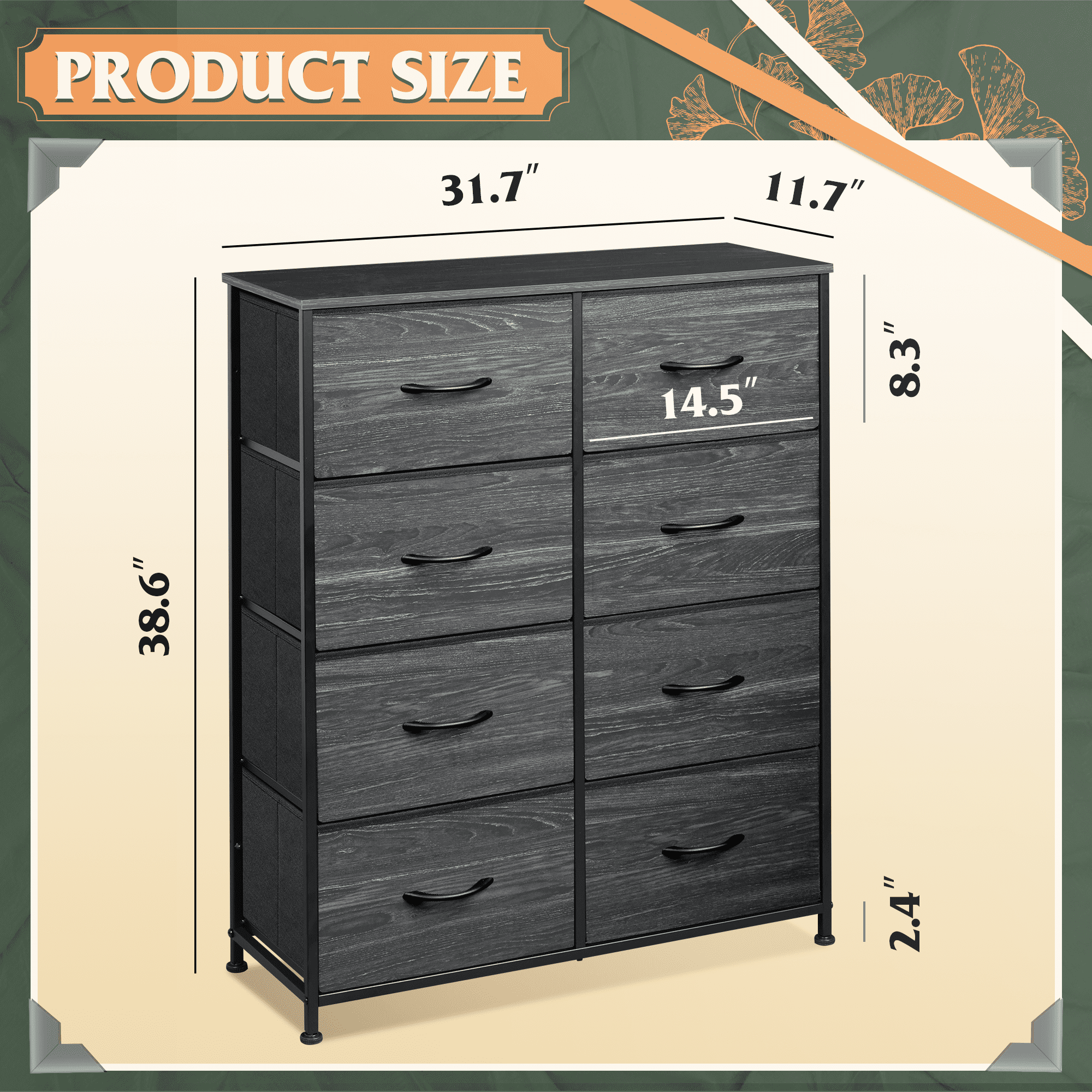 GALAXHERO Tall 8-Drawer Fabric Dresser, Double Storage Tower with Bins, Chest of Drawers for Bedroom, Closet, Living Room, Hallway, Charcoal Black Wood Grain Print