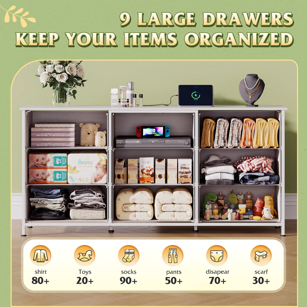 GALAXHERO 9 Drawers Dresser for Bedroom, 54''W  Fabric Dresser with Wood Top, TV Stand for 65'' TV, Wide Chest of Drawers for Closet, Living Room