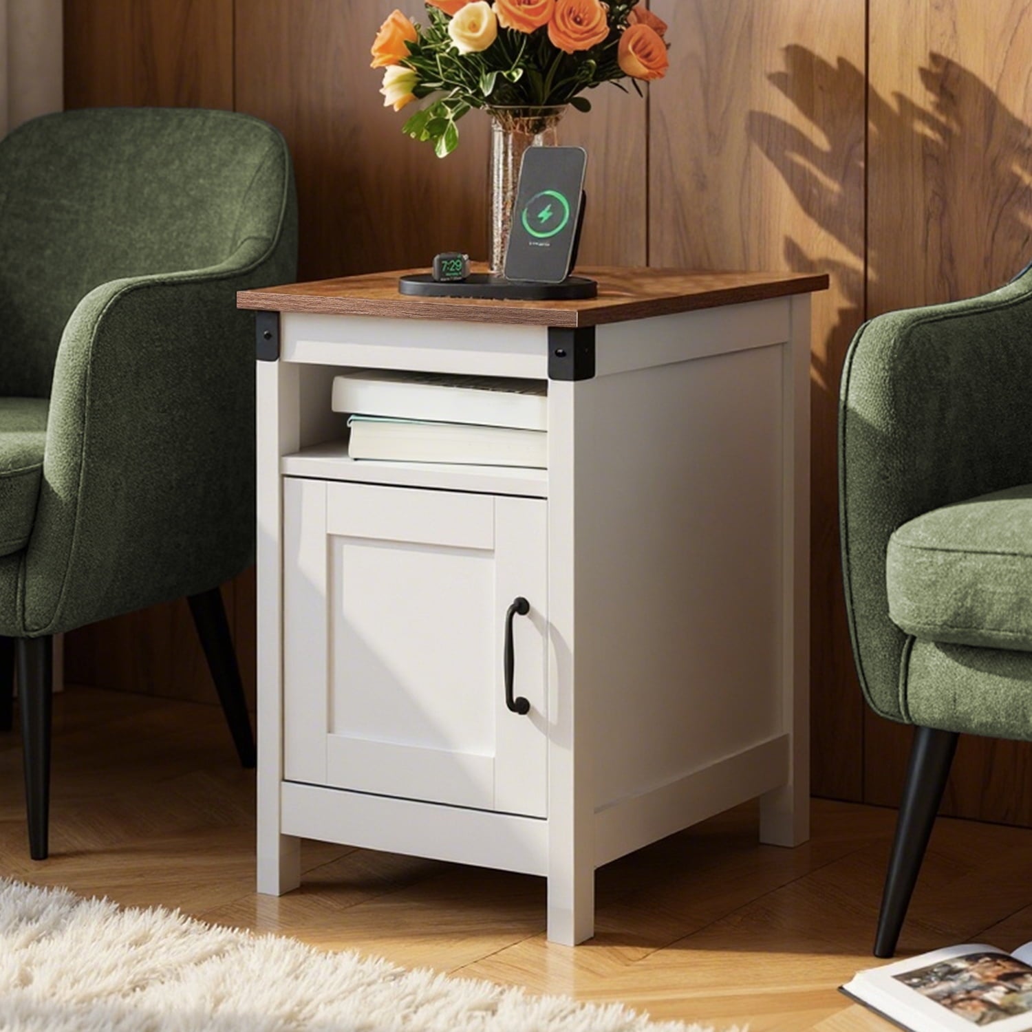 GALAXHERO Side Table with Charging Station Narrow End Table with Storage Night Stand with USB Ports and Outlets Small Wooden Cabinet for Living Room and Bedroom