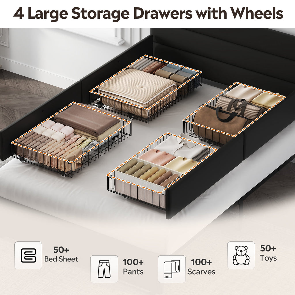 GALAXHERO Full Size Upholstered Bed Frame with 4 Storage Drawers and Headboard, Velvet Platform Bedframe, Sturdy Metal & Wooden Slats Support, No Box Spring Needed, Easy Assembly