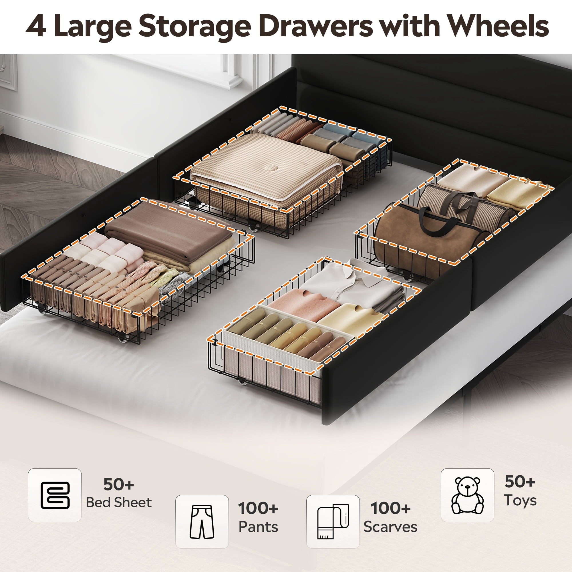GALAXHERO Full Size Upholstered Bed Frame with 4 Storage Drawers and Headboard, Velvet Platform Bedframe, Sturdy Metal & Wooden Slats Support, No Box Spring Needed, Easy Assembly