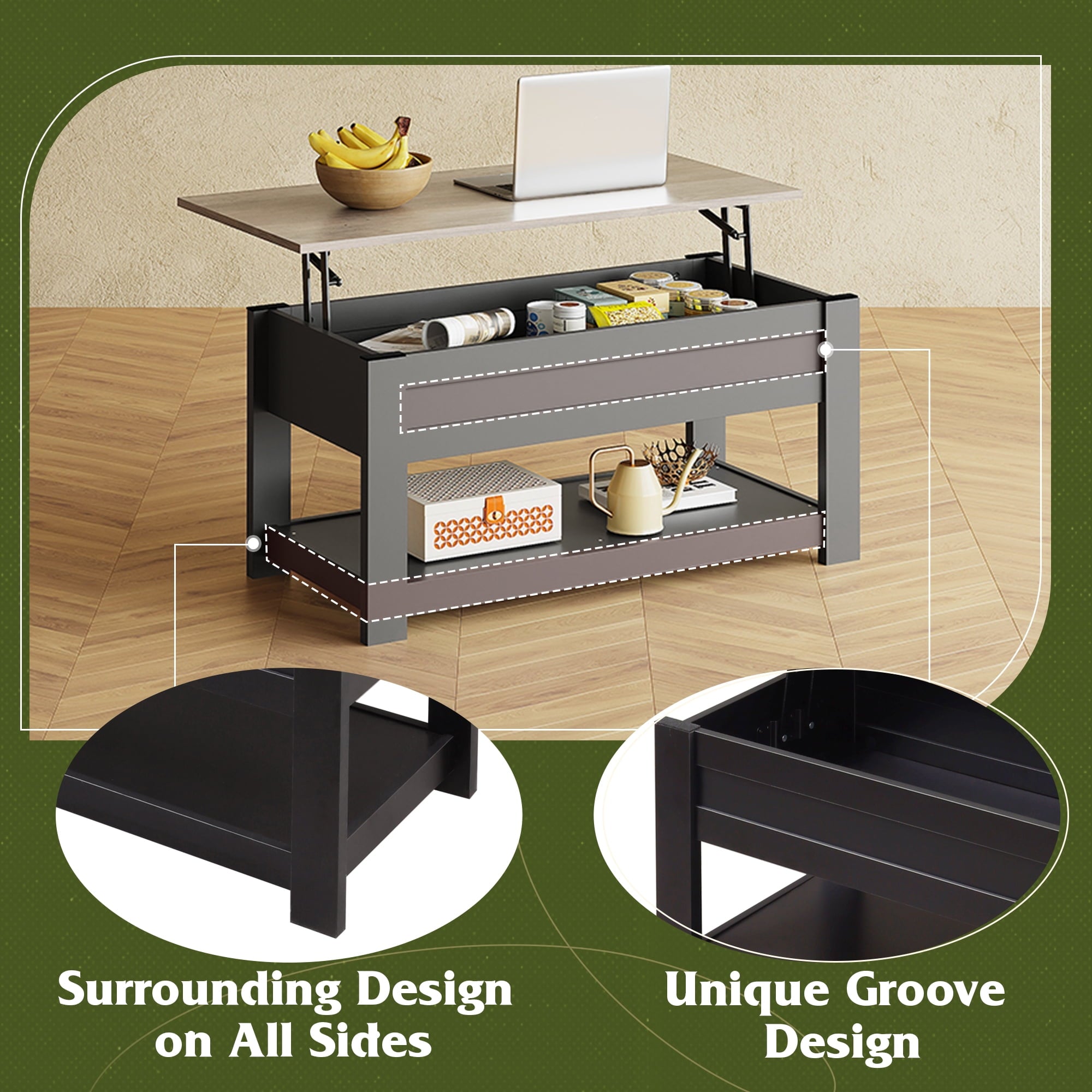 GALAXHERO 39" Lift Top Coffee Table with Hidden Storage and Storage Shelf Lift Up Coffee Table for Living Room