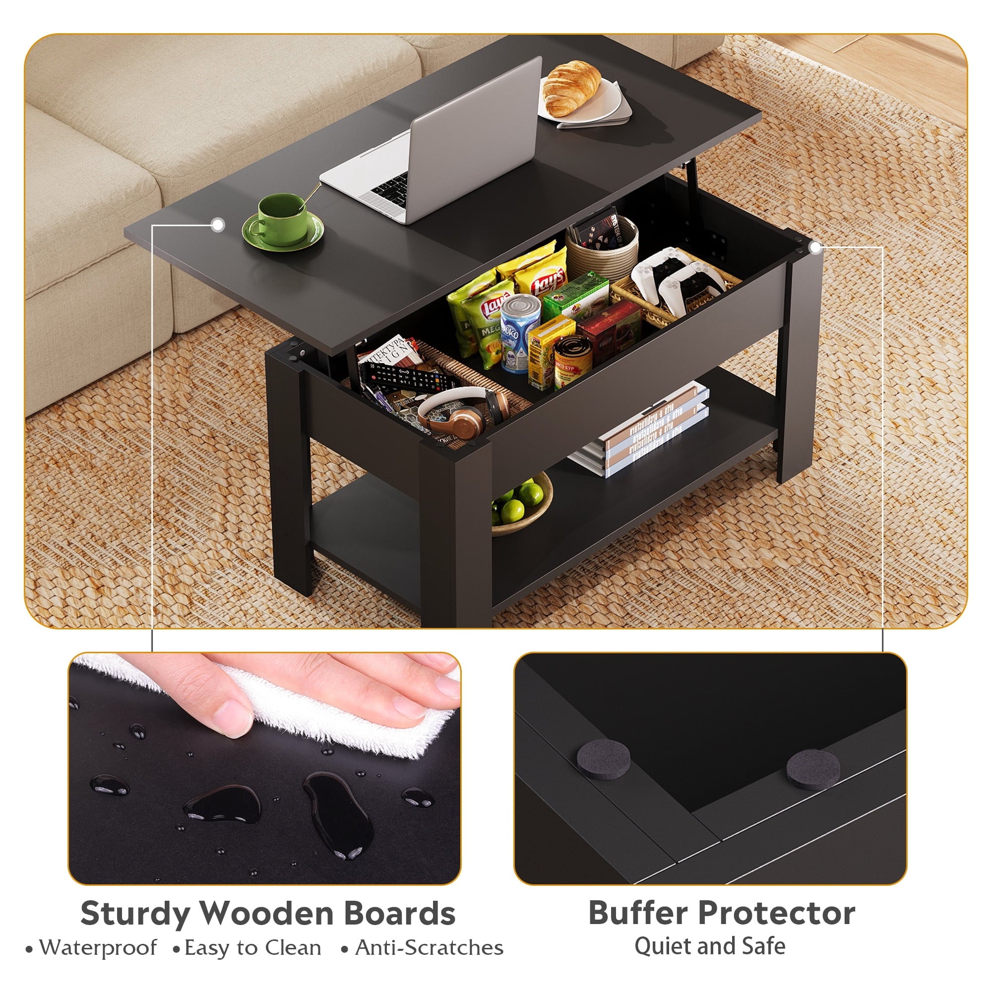 GALAXHERO 39" Lift Top Coffee Table with Storage Shelf & Hidden Compartment and Lifting Top for Home Living Room Office and Reception Room