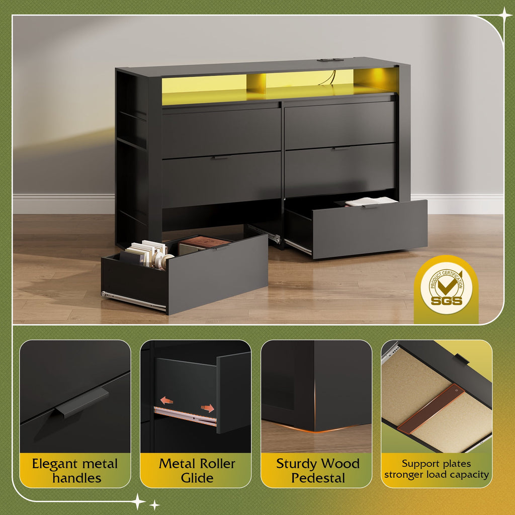 GALAXHERO 6 Drawer Dresser for Bedroom with LED Lights, Double Dresser with Charging Station, Large Wood Chest of Drawers, TV Stand for 55 inch TV for Closet, Living Room
