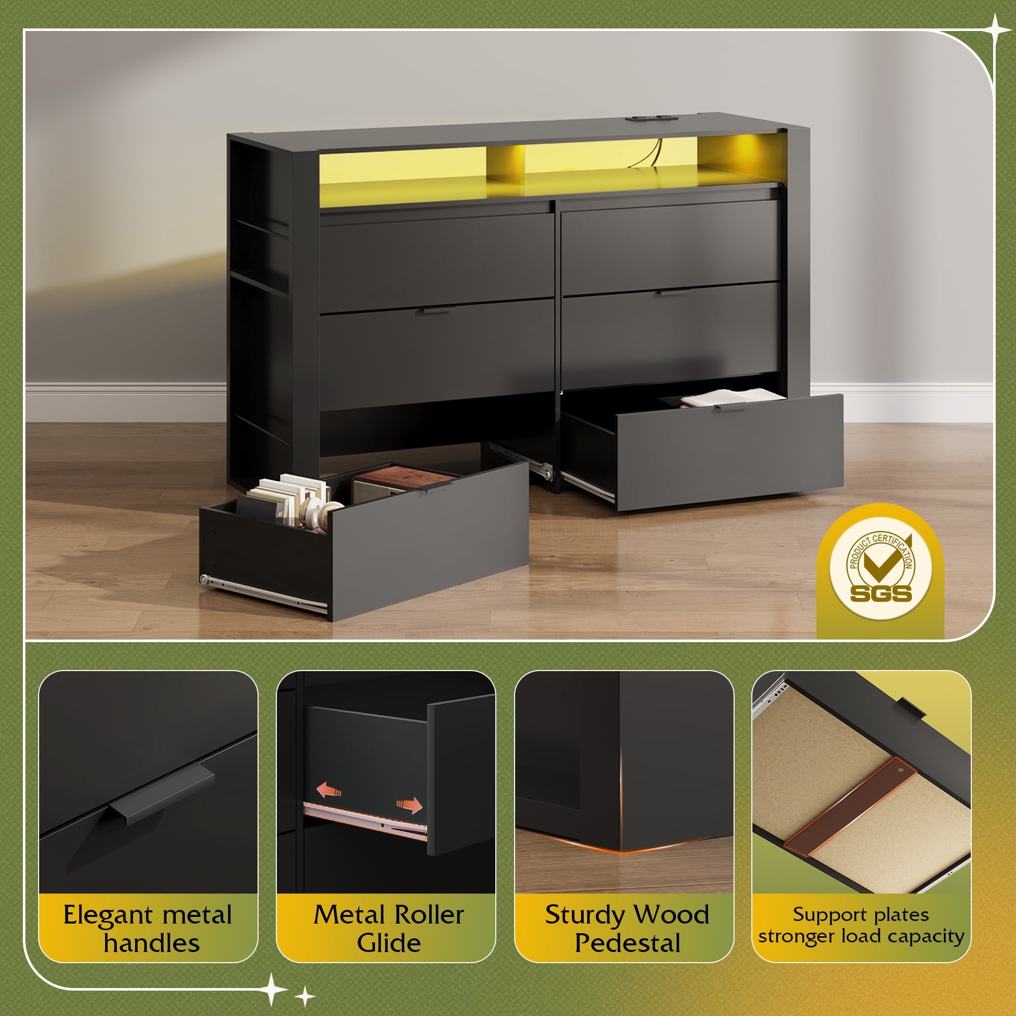 GALAXHERO 6 Drawer Dresser for Bedroom with LED Lights, Double Dresser with Charging Station, Large Wood Chest of Drawers, TV Stand for 55 inch TV for Closet, Living Room