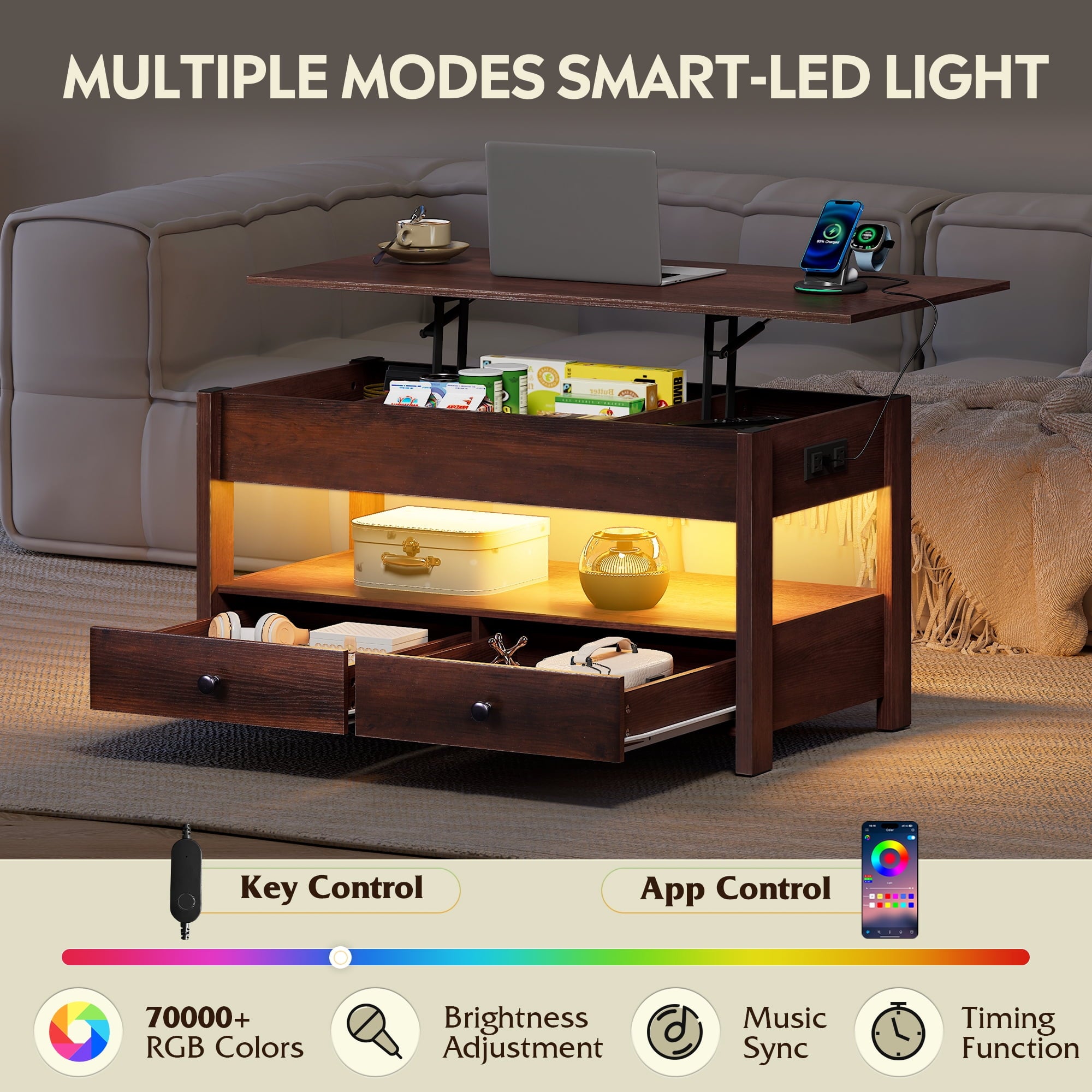 GALAXHERO Lift Top Coffee Table for Living Room Table with 2 Drawers & LED Light & Large Storage and Open Shelf