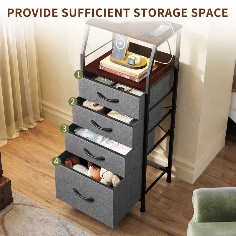 GALAXHERO Dresser for Bedroom, 4 Drawer Nightstand with Charging Station,Tall Bedside Table with LED and Open Shelf