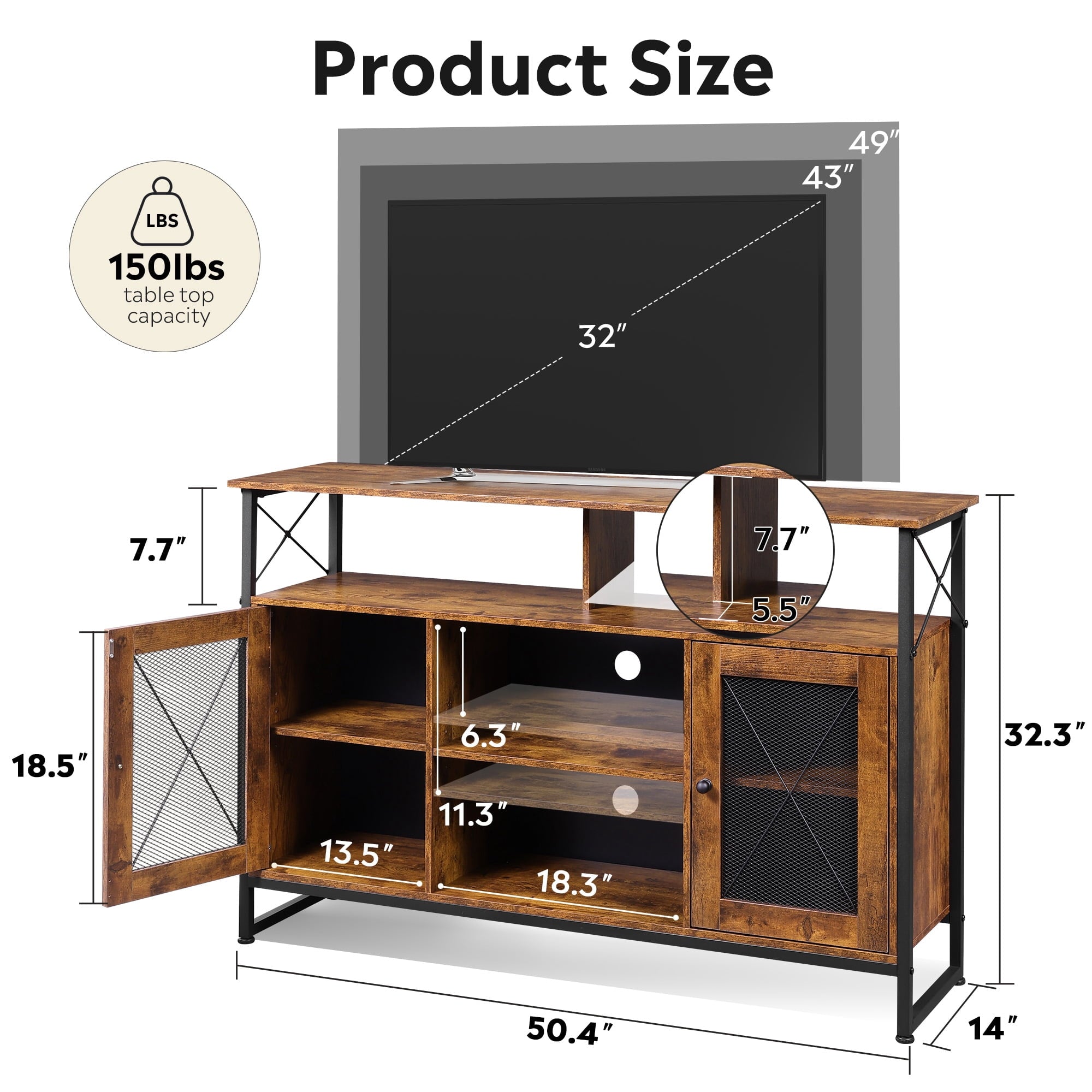 GALAXHERO Tall TV Stand for TVs up to 55", Farmhouse Industrial Entertainment Center with Storage, Media Console for Living Room Bedroom