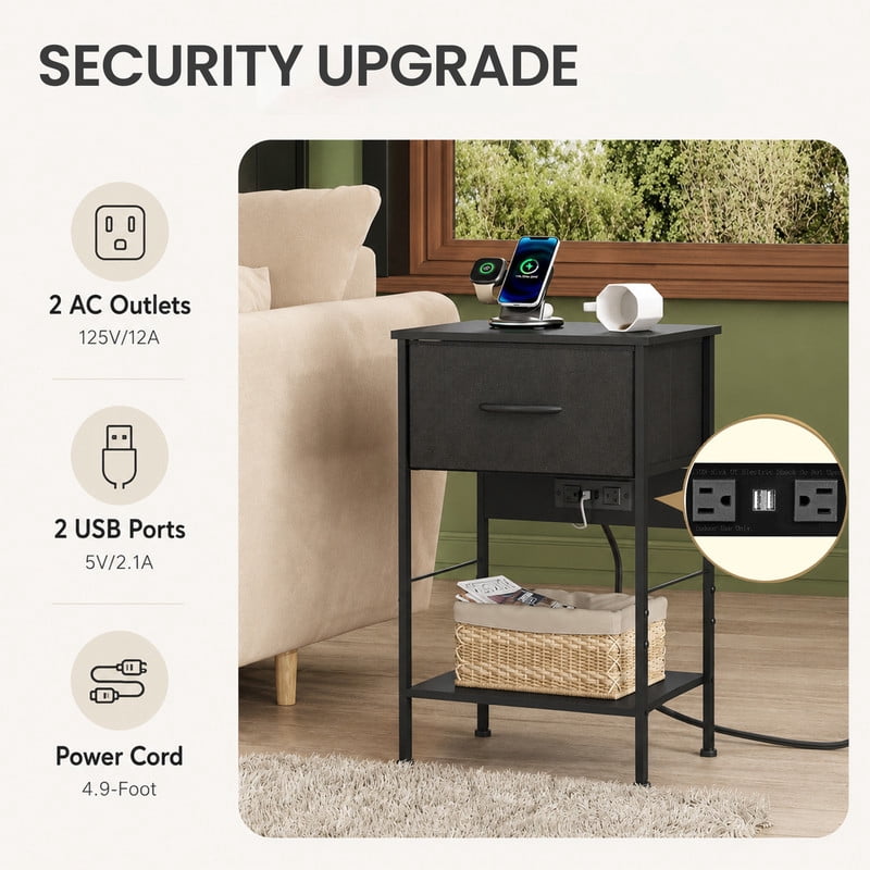 GALAXHERO Nightstand with Charging Station, Small Dresser with Drawer and Storage Shelfs for Bedroom