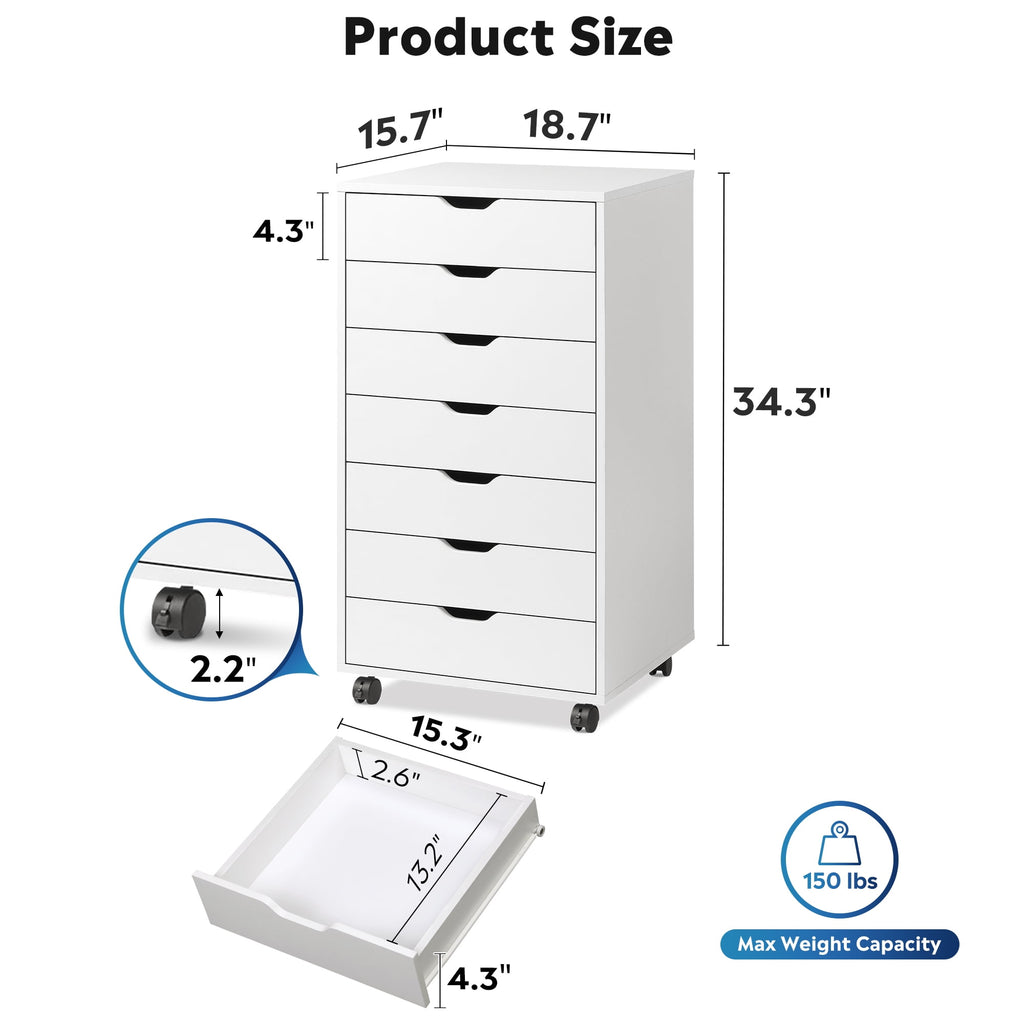 GALAXHERO 7 Drawer Vertical File Cabinet, Wood Storage Cabinet with Wheels for Home Office