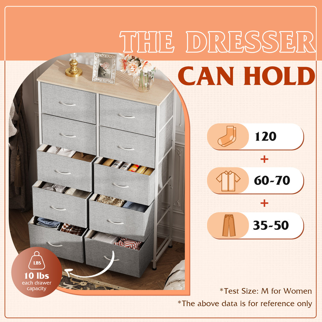 GALAXHERO Tall Dresser 10 Fabric Drawers, Storage Tower with Cabinet, Metal Frame, Wooden Top, Organizer Units for Bedroom, Living Room, Closet, Clothing