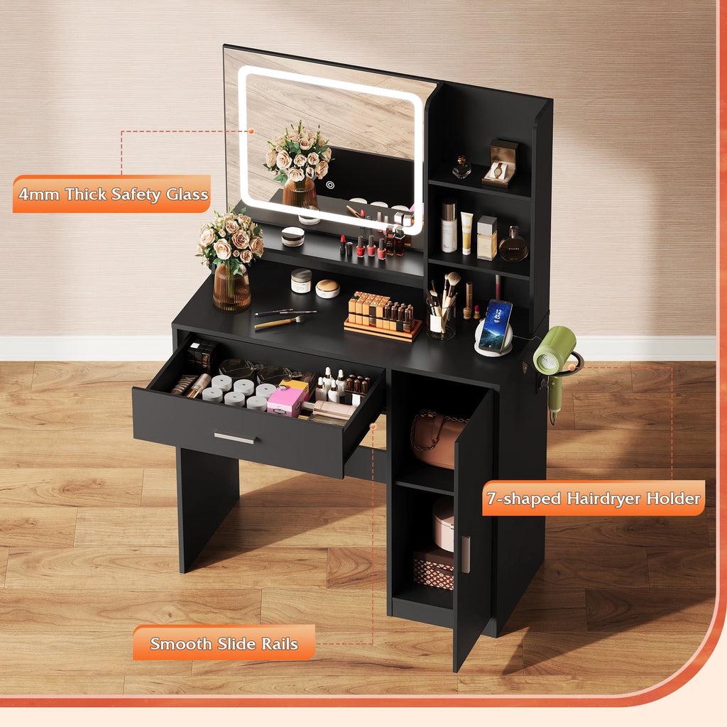 GALAXHERO Vanity Desk with Mirror and Lights, Makeup Tables with Drawer, Cabinet and Storage Shelves,Girls Dressing Table with Charging Station