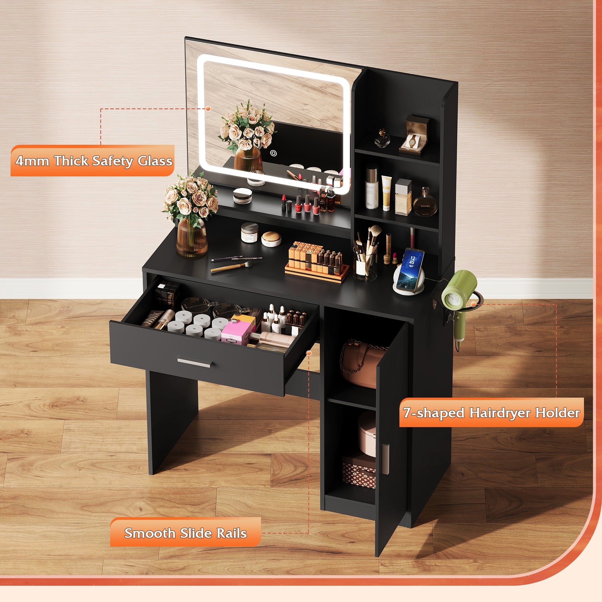 GALAXHERO Vanity Desk with Mirror and Lights, Makeup Tables with Drawer, Cabinet and Storage Shelves,Girls Dressing Table with Charging Station