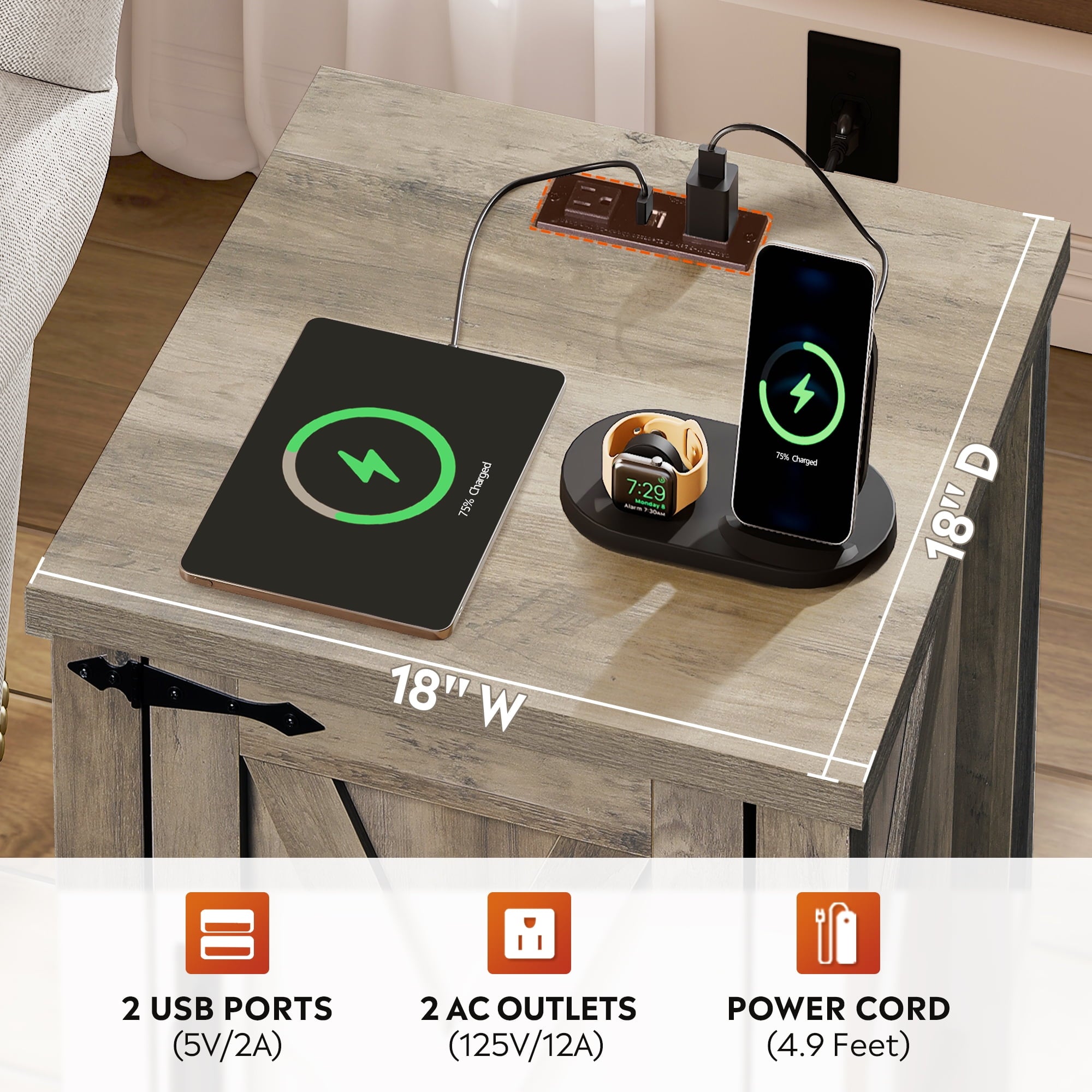 GALAXHERO Nightstand with Charging Station, Farmhouse Narrow Side Table with Barn Door, Wooden Bedside Table for Bedroom, End Tables for Living Room