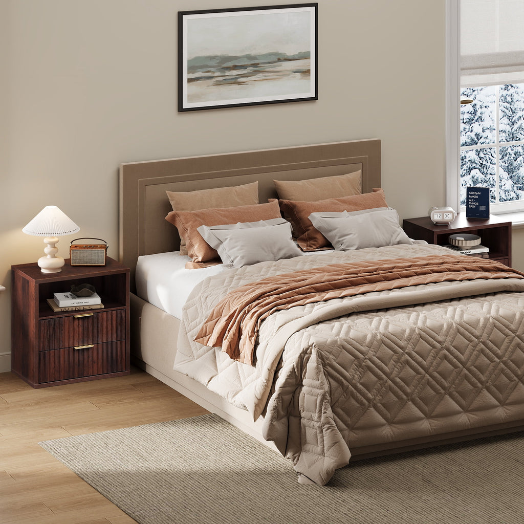 GALAXHERO 2 Drawer Nightstands Set of 2, Wood Fluted End Table with Open Shelf, Mid Century Modern Bedside Tables for Bedroom, Living Room, Espresso