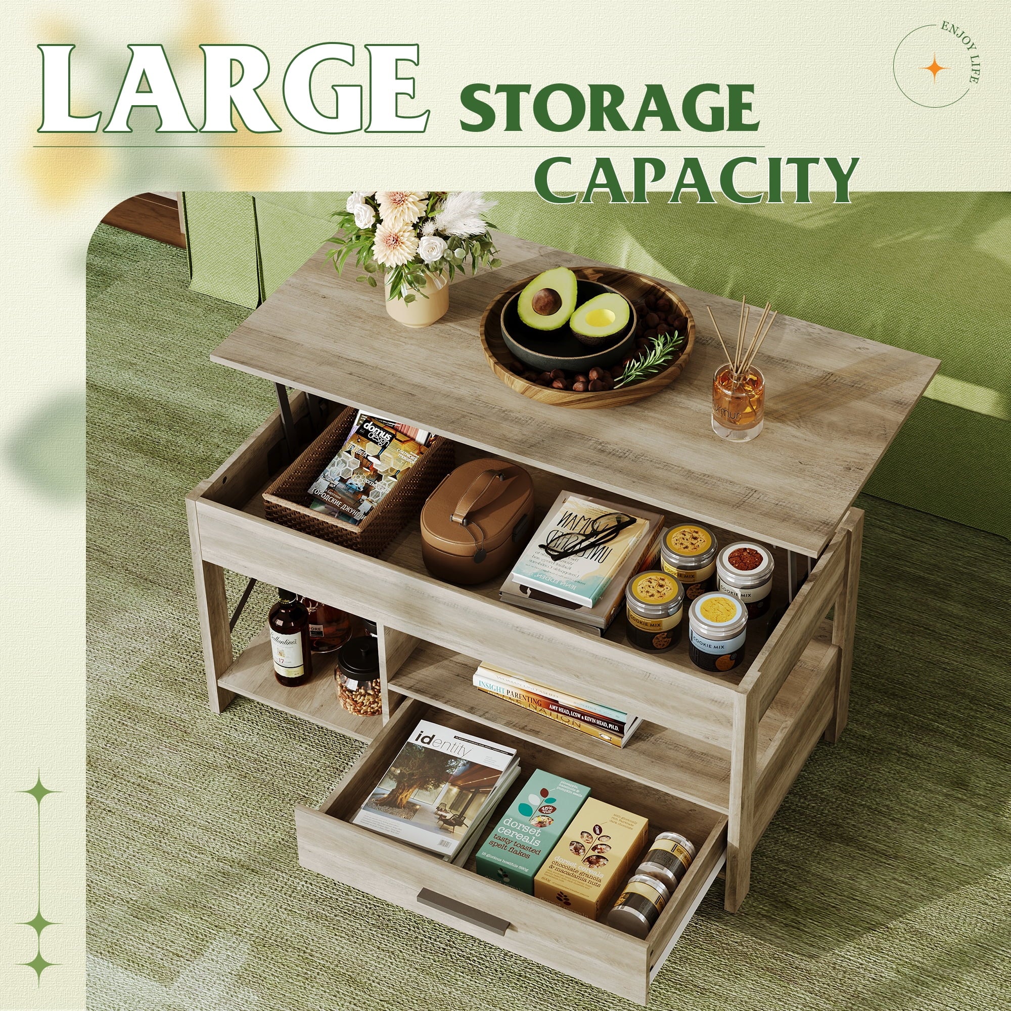 GALAXHERO Coffee Table, 39" Lift Top Coffee Table with Hidden Compartment, Storage Drawers and Storage Shelf for Living Room, Reception Room
