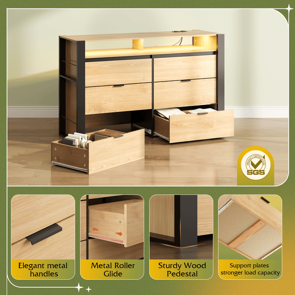 GALAXHERO 6 Drawer Dresser for Bedroom with LED Lights, Double Dresser with Charging Station, Large Wood Chest of Drawers, TV Stand for 55 inch TV for Closet, Living Room