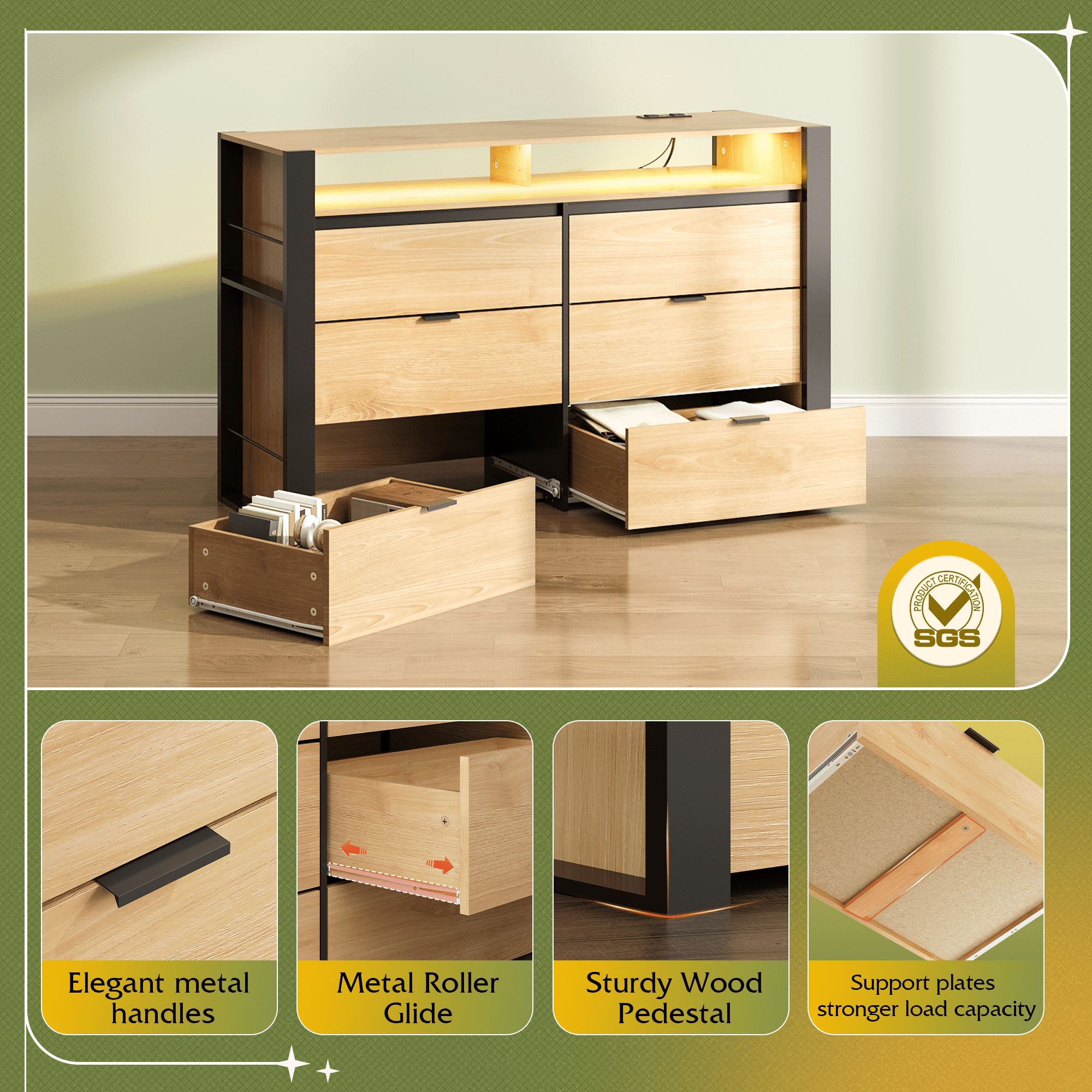 GALAXHERO 6 Drawer Dresser for Bedroom with LED Lights, Double Dresser with Charging Station, Large Wood Chest of Drawers, TV Stand for 55 inch TV for Closet, Living Room