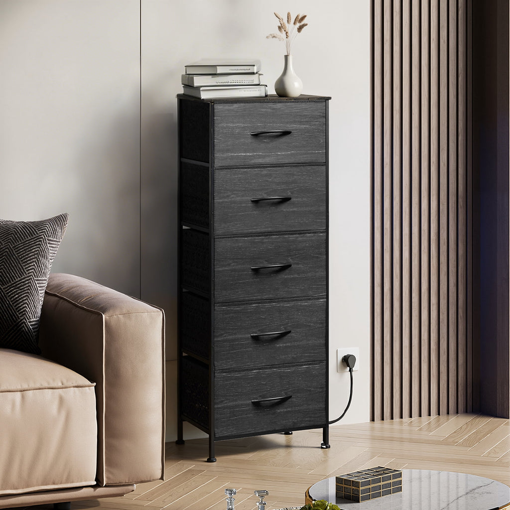 GALAXHERO 5-Drawer Tall Fabric Dresser with Wood Top, Storage Organizer Chest for Bedroom, Closet, Hallway, Sturdy Steel Frame