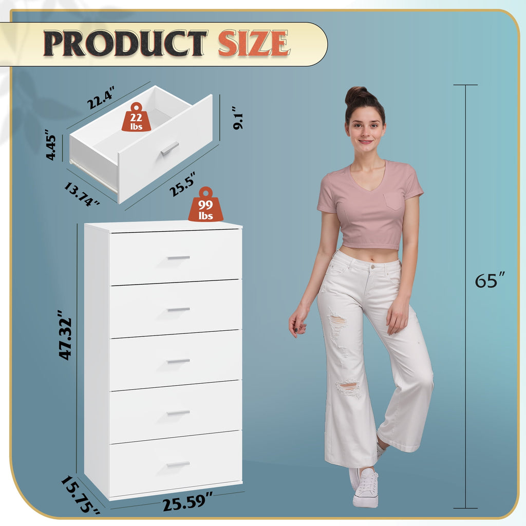 GALAXHERO 5 Drawers Dresser, Chest of Drawers for Bedroom, Tall Wood Storage Cabinet with Metal Handle for Living Room, Closet, Hallway, White