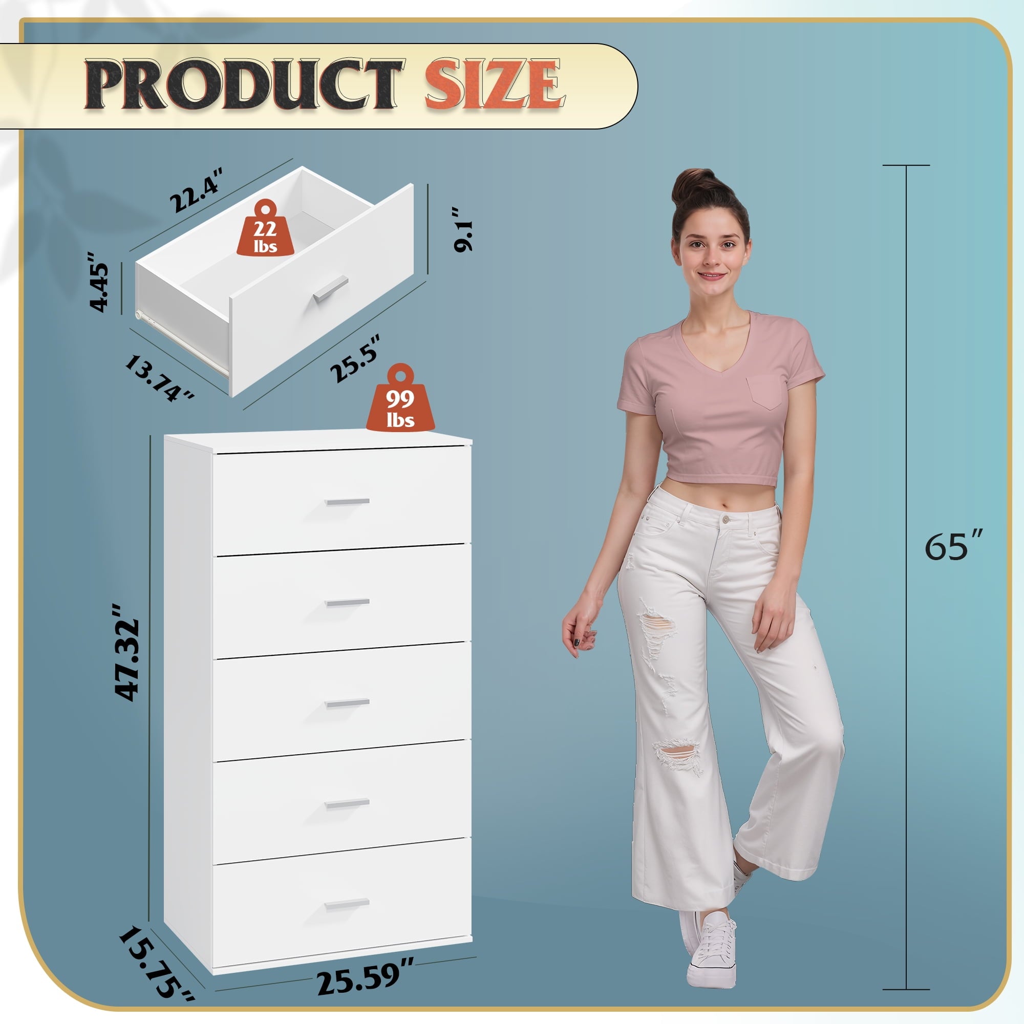 GALAXHERO 5 Drawers Dresser, Chest of Drawers for Bedroom, Tall Wood Storage Cabinet with Metal Handle for Living Room, Closet, Hallway, White