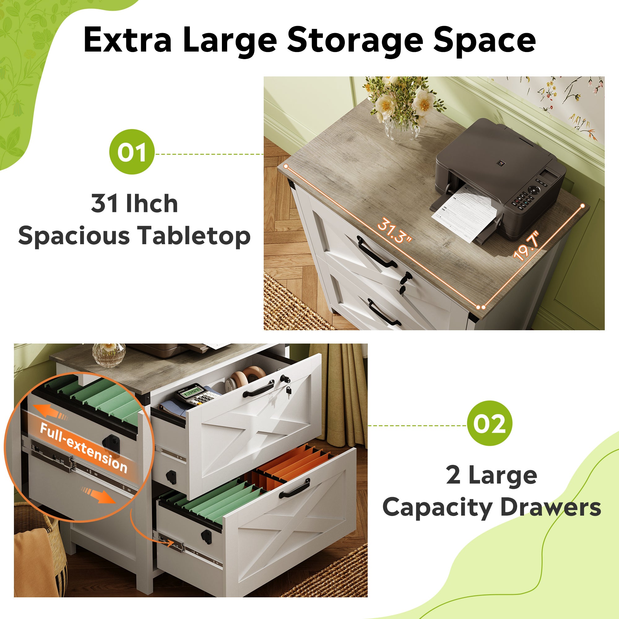 GALAXHERO 2 Drawer Farmhouse File Cabinet with Lock, Lateral Filing Cabinet for Letter/Legal/A4 Size, Wood Printer Stand for Home Office, White