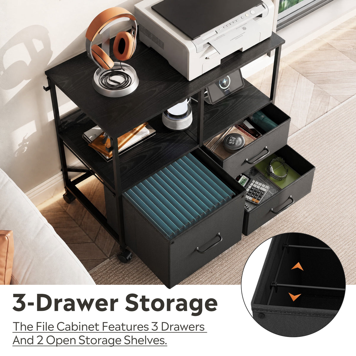 GALAXHERO 3 Drawer File Cabinet with Charging Station, Mobile Printer Stand with Storage Shelves, Filing Cabinet Furniture for Home Office, Fits Letter/A4