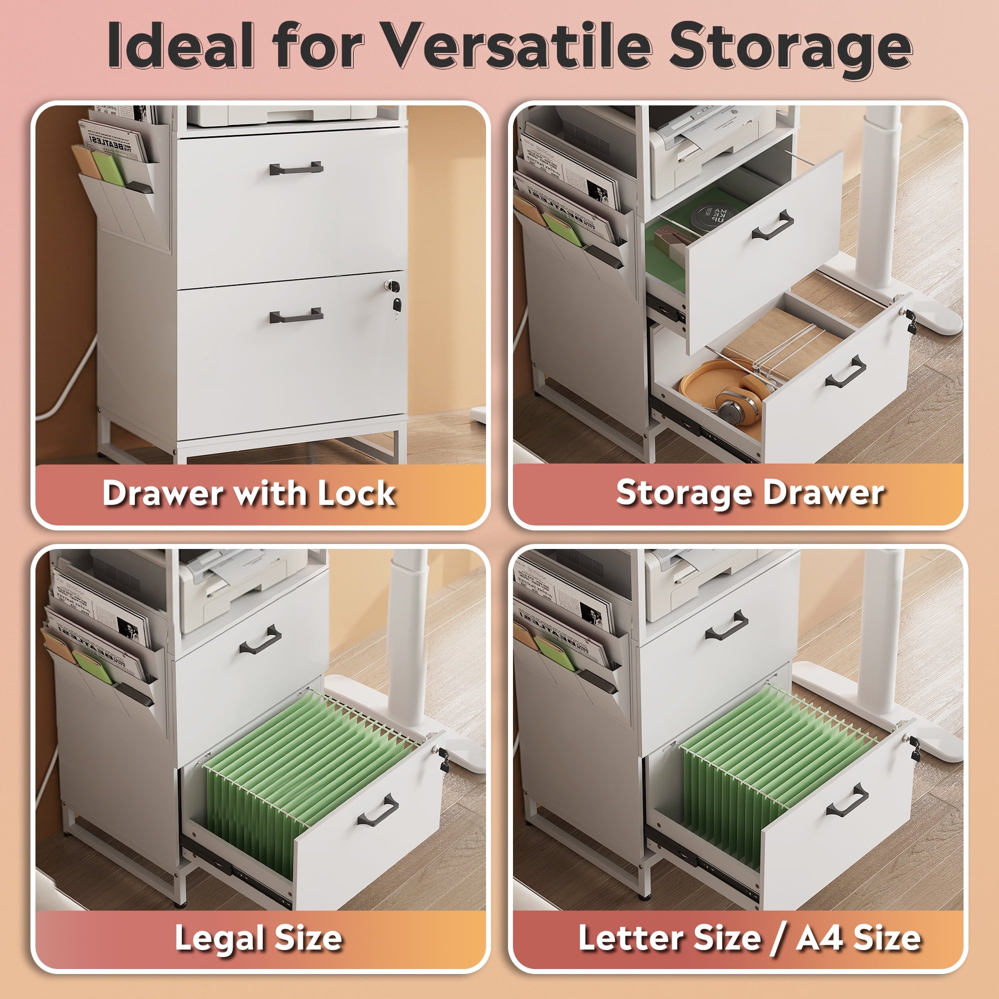 GALAXHERO 2 Drawer File Cabinet with Charging Station, Tall Vertical Filling Cabinet with Lock, Fits Letter/A4/Legal Size, Printer Stand & Adjustable Shelves for Home Office