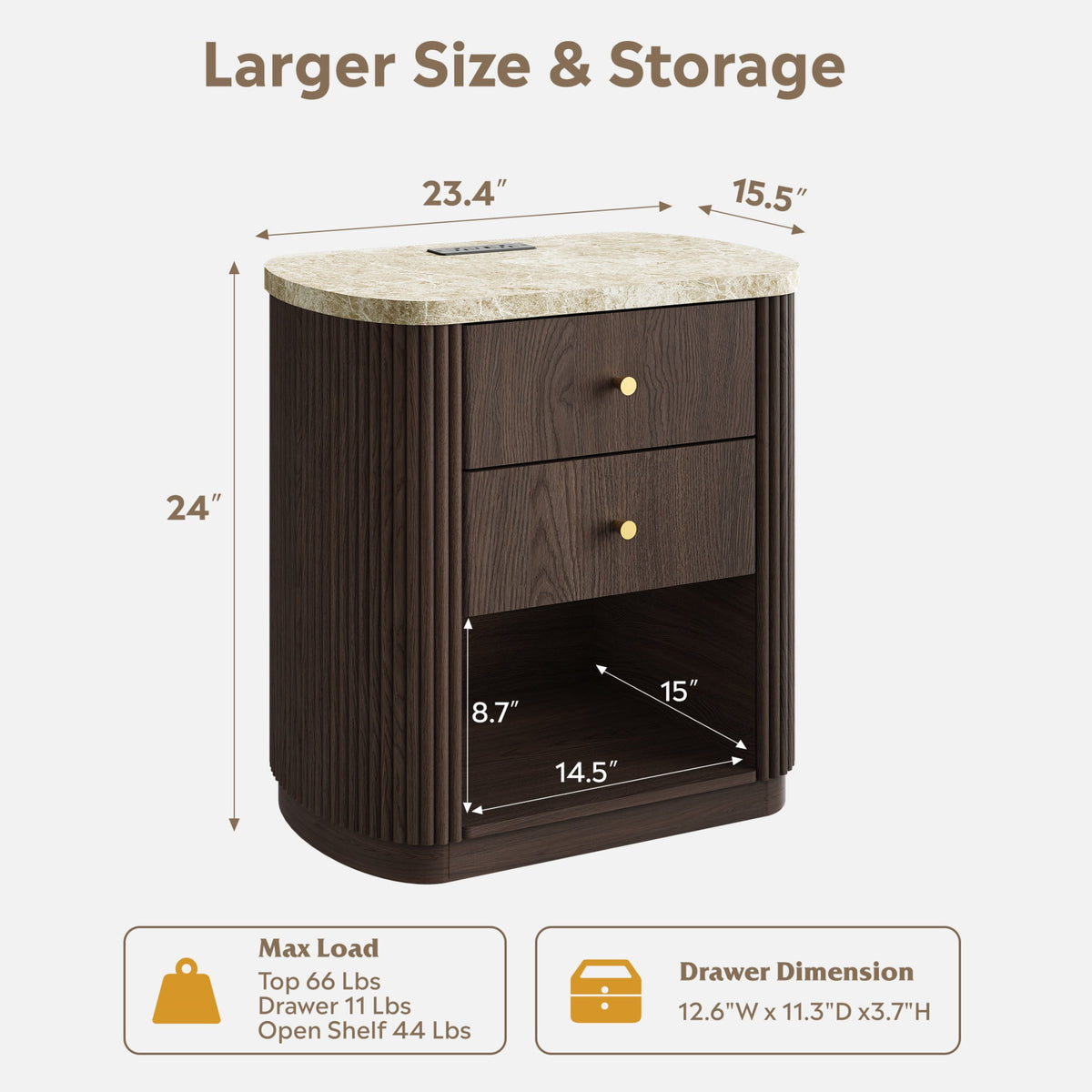 GALAXHERO Mid Century Modern Nightstand with Charging Station, 2-Drawer Fluted Wood Bedside Table with Open Shelf for Bedroom Living Room Dorm