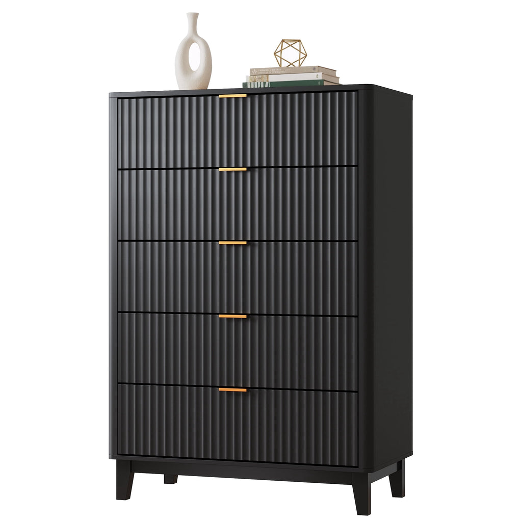 GALAXHERO 5 Drawers Dresser, Fluted Tall Dresser with Golden Metal Handles, Modern Chest of Drawers for Bedroom, Living Room, Hallway, Closet