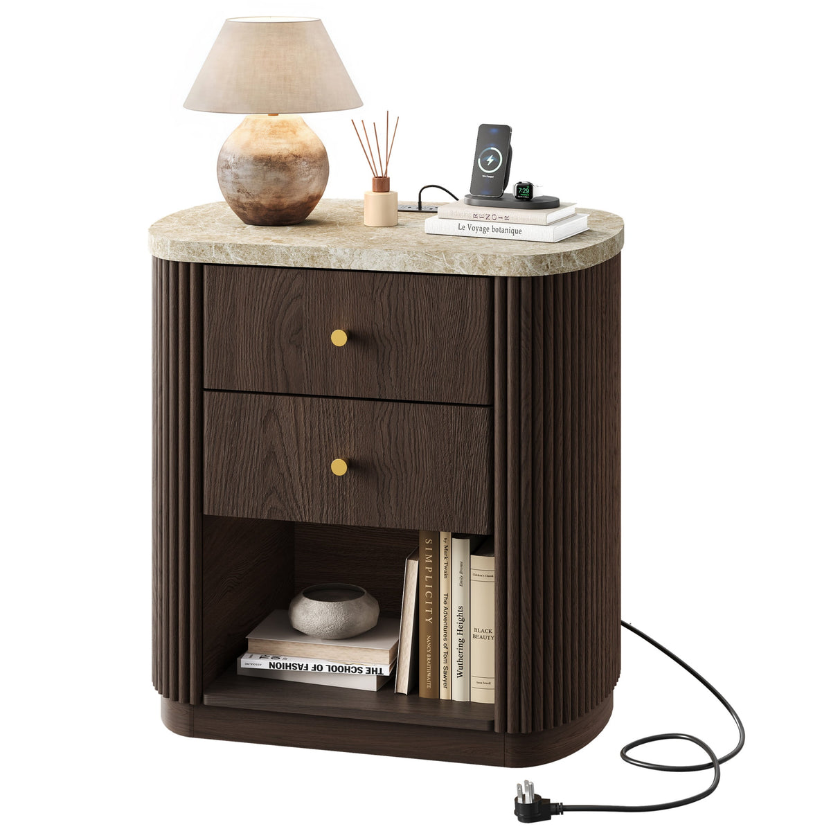 GALAXHERO Mid Century Modern Nightstand with Charging Station, 2-Drawer Fluted Wood Bedside Table with Open Shelf for Bedroom Living Room Dorm