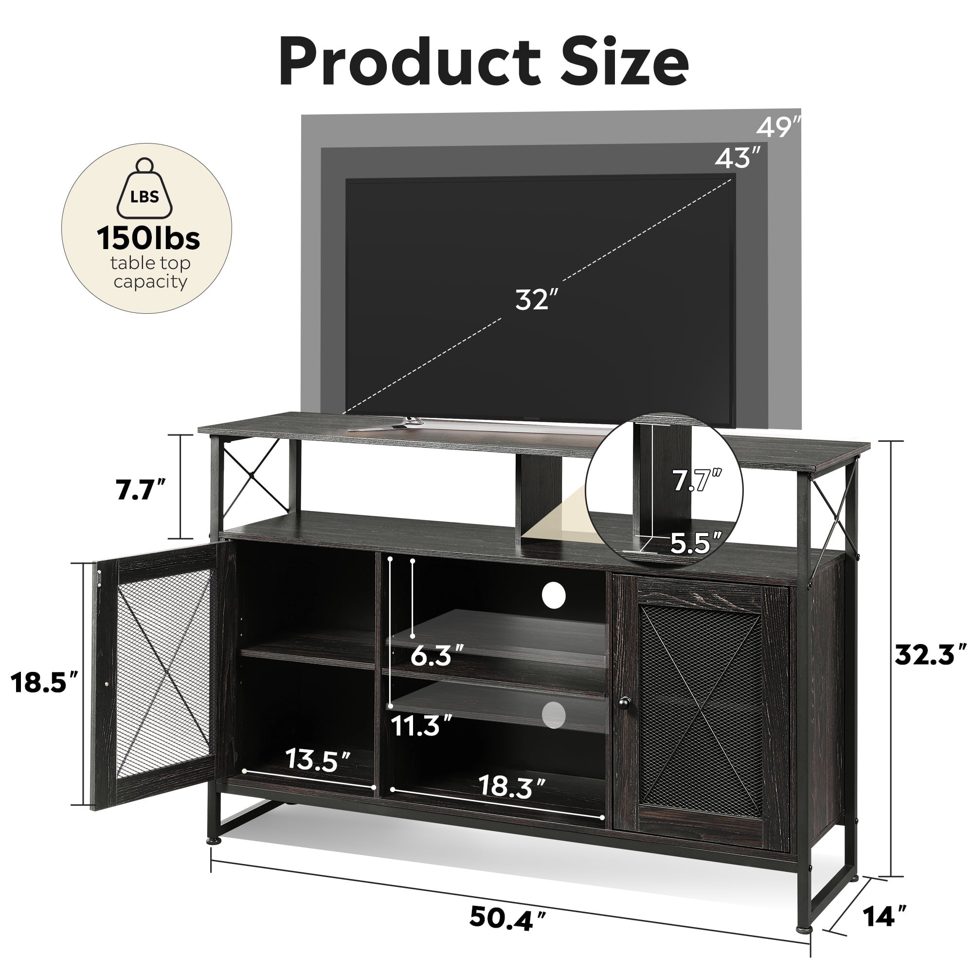 GALAXHERO Tall TV Stand for TVs up to 55", Farmhouse Industrial Entertainment Center with Storage, Media Console for Living Room Bedroom
