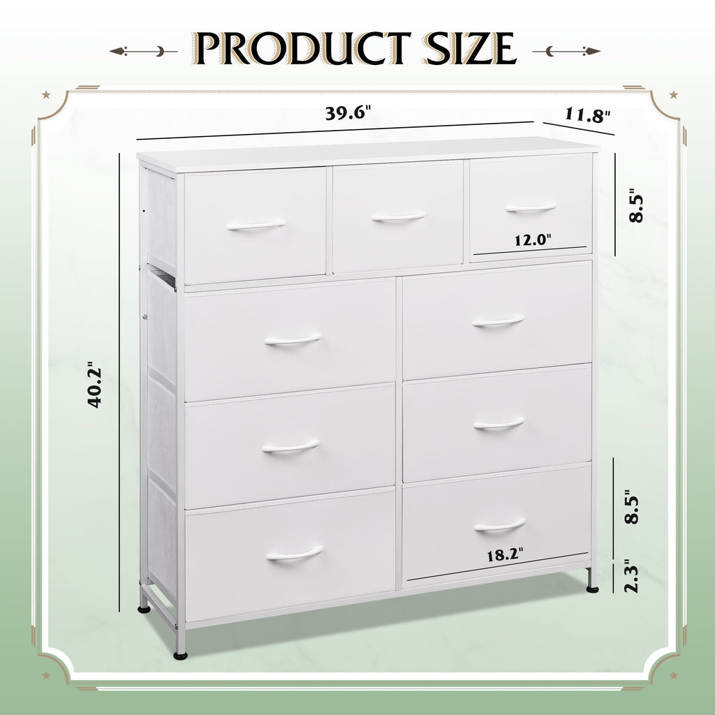 GALAXHERO 9-Drawer Fabric Dresser, Tall Storage Tower for Bedroom, Hallway, Entryway, Closet, Chest Organizer Unit with Fabric Bins, Steel Frame, Wood Top, Easy Pull Handle, White