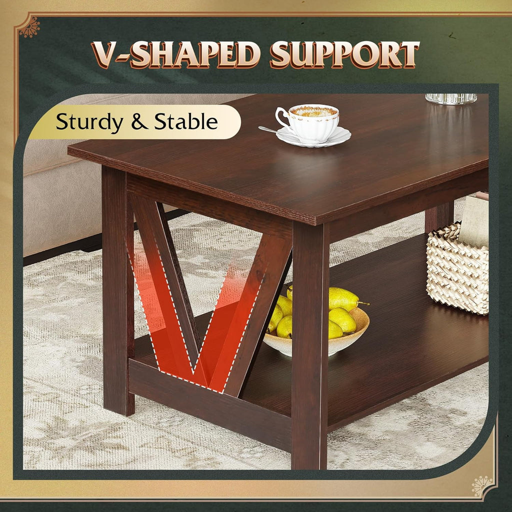 GALAXHERO 39.4" Coffee Table with Storage Shelf Farmhouse Coffee Table with V-Frame Support 2-Tier Wood Rustic Center Table for Living Room, Bedroom & Balcony
