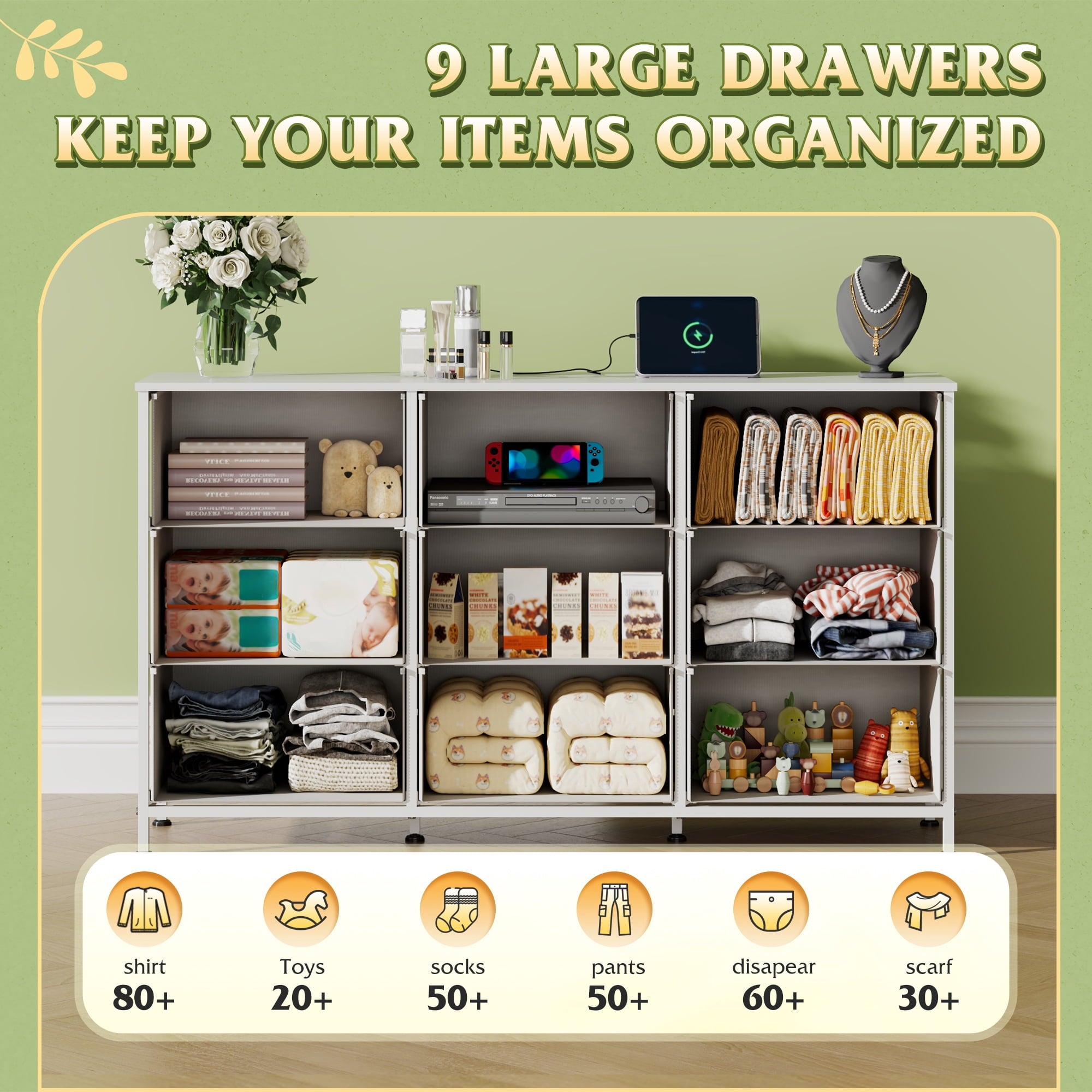 GALAXHERO Fabric Dresser for Bedroom, 9 Drawers Dresser with Wood Top, TV Stand for 55'' TV,  Chest of Drawers for Closet, Living Room,  47''W