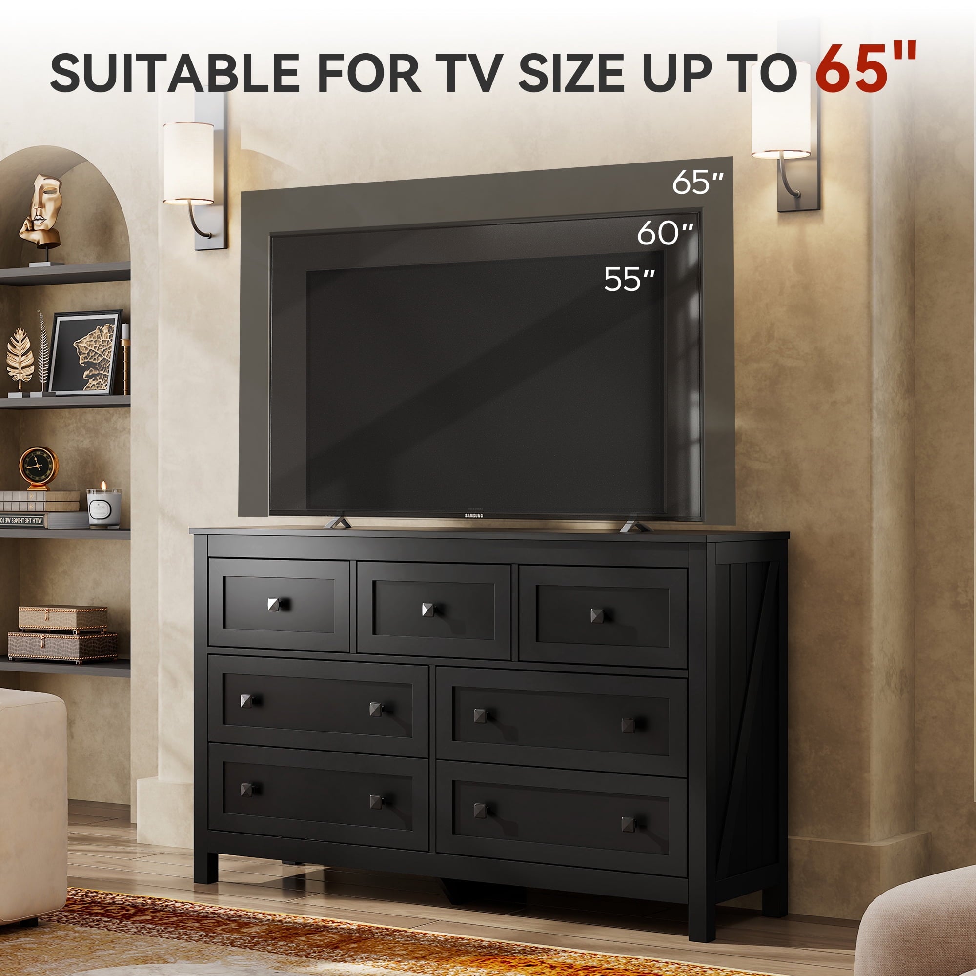 GALAXHERO Farmhouse Dresser for Bedroom, 51.18'' Wide 7 Drawer Wood Dresser, TV Stand for 65 inch TV, Wooden Chest of Drawers for Bedroom, Modern Clothes Organizer for Living Room, Hallway