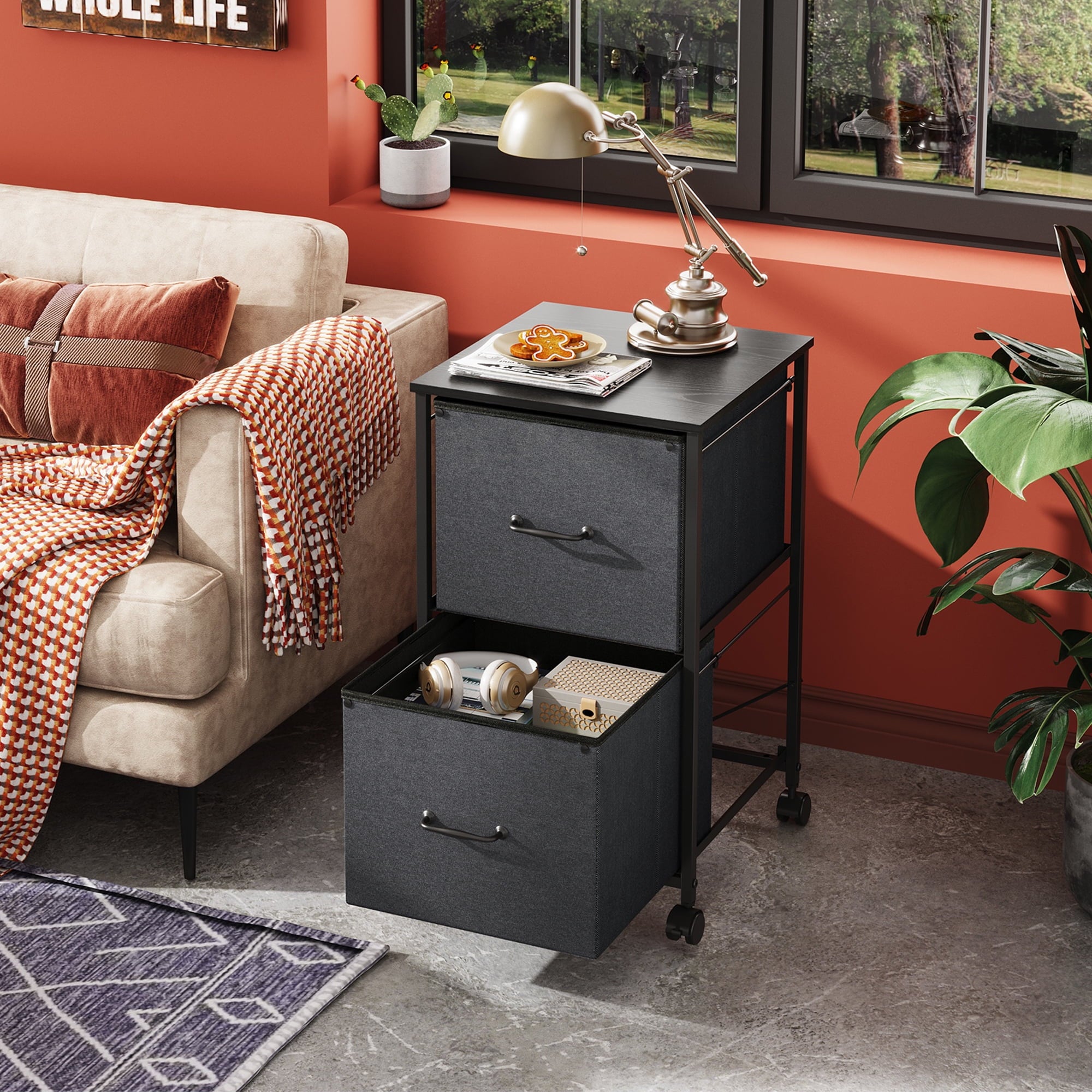 GALAXHERO 2 Drawer File Cabinet, Rolling Printer Stand Filing Cabinets for Home Office, Fabric Vertical File Cabinet Fits A4 or Letter Size, Wood Grain Print