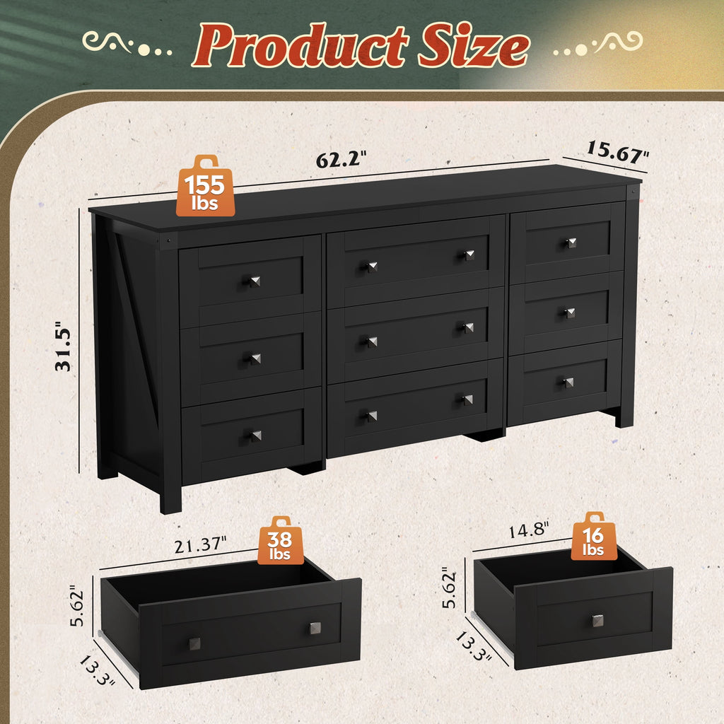 GALAXHERO Farmhouse 9 Drawer Wood Dresser, 63" Wide Storage Organizer with Double Rustic Handles, TV Stand for 70" TV, Chest of Drawers for Bedroom, Living Room