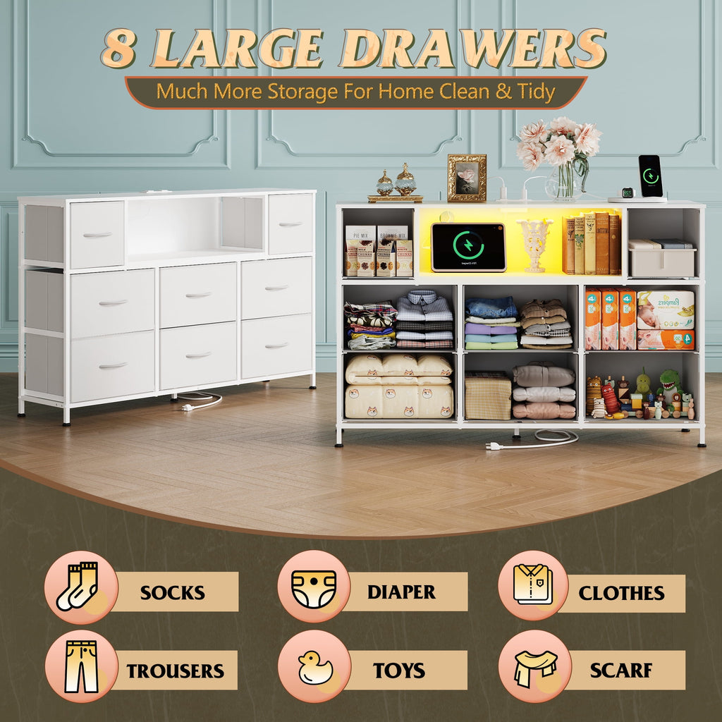 GALAXHERO 8-Drawer Dressers for Bedroom, Dresser TV Stand for 55'' TV with LED Lights and Power Outlets, Fabric Chest of Drawers for Living Room, Entryway
