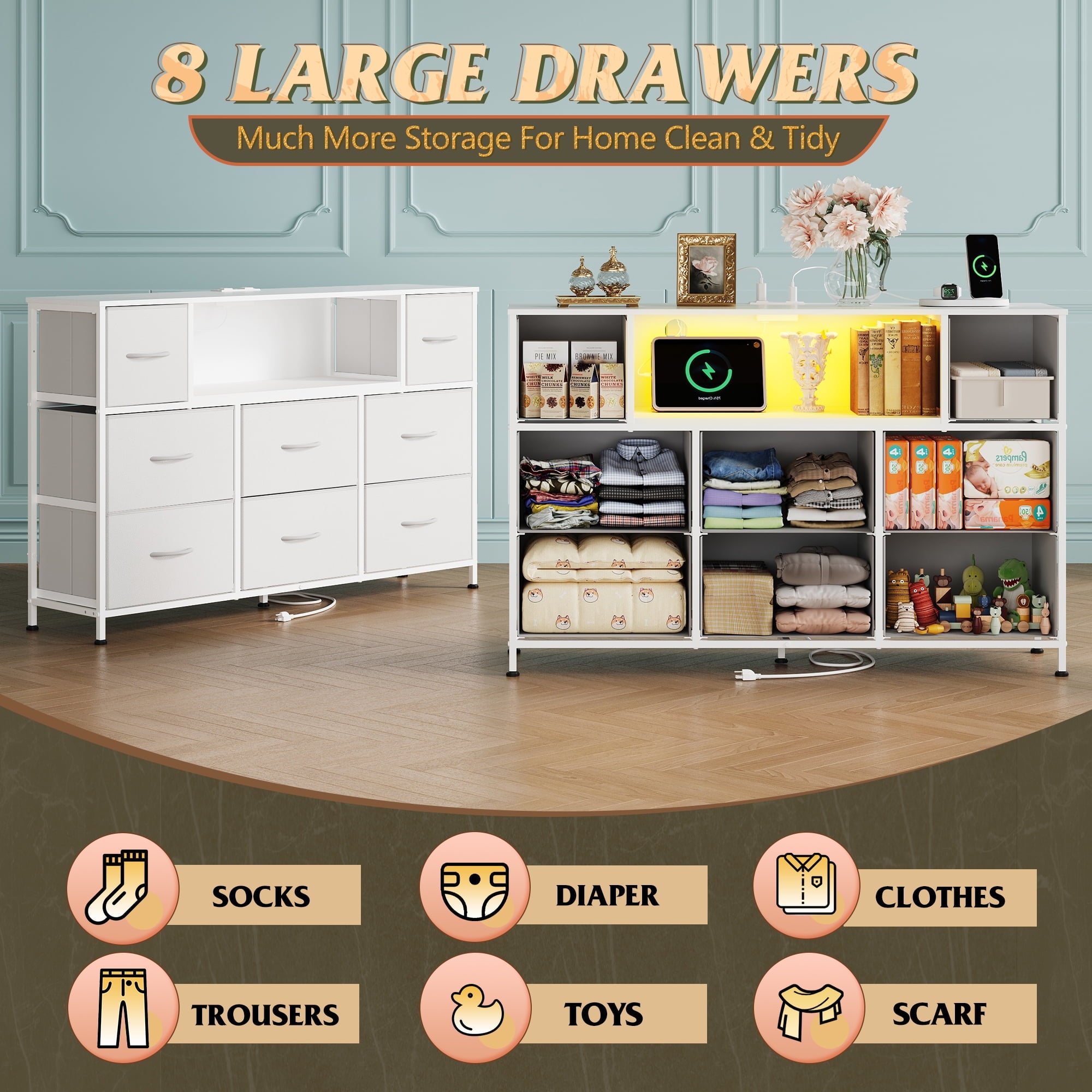 GALAXHERO 8-Drawer Dressers for Bedroom, Dresser TV Stand for 55'' TV with LED Lights and Power Outlets, Fabric Chest of Drawers for Living Room, Entryway